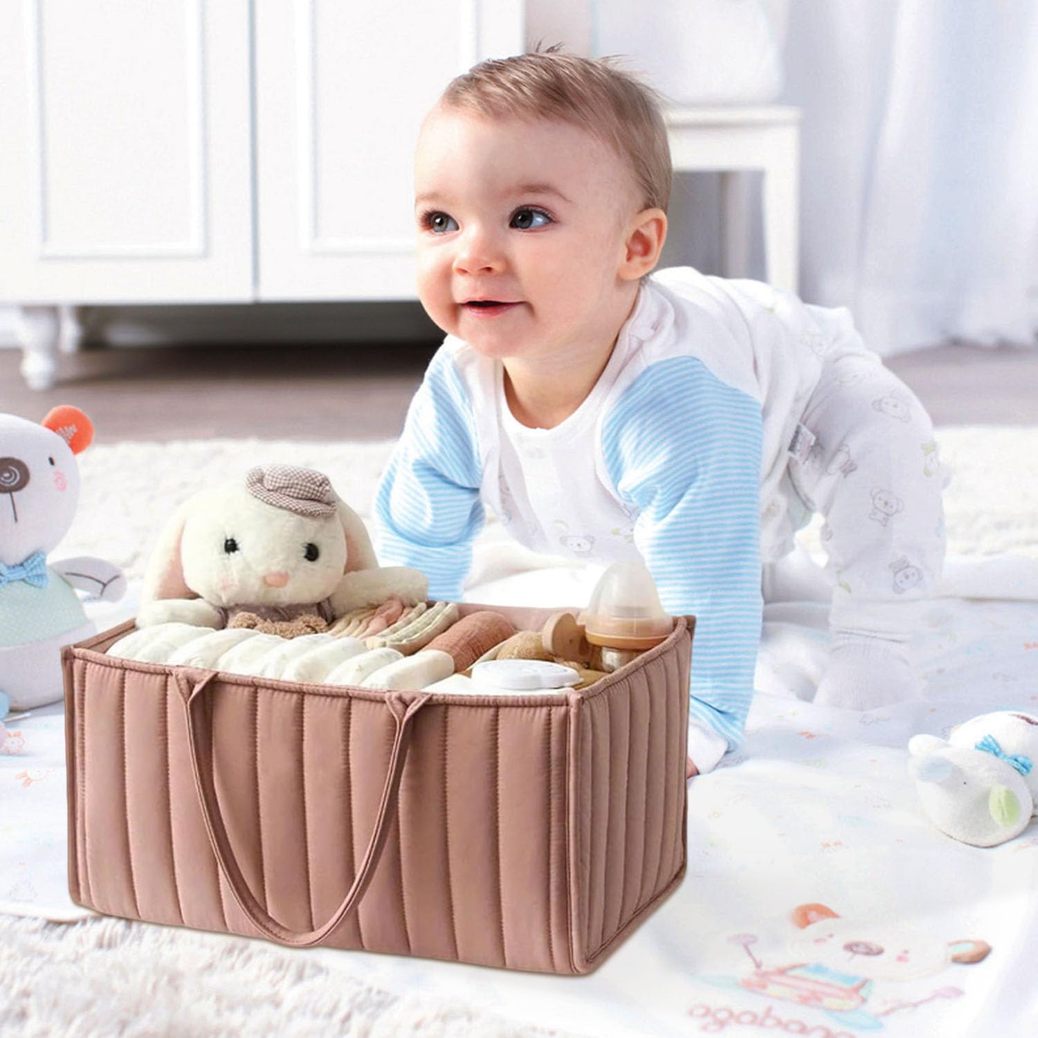 Organizer Fasciatoio per Neonati, Organizzatore Portatile per Pannolini Cesto di Stoccaggio, con Scomparti Rimovibili, Cestino Portaoggetti per Neonati, Pieghevole Nursery Storage Borsa Basket