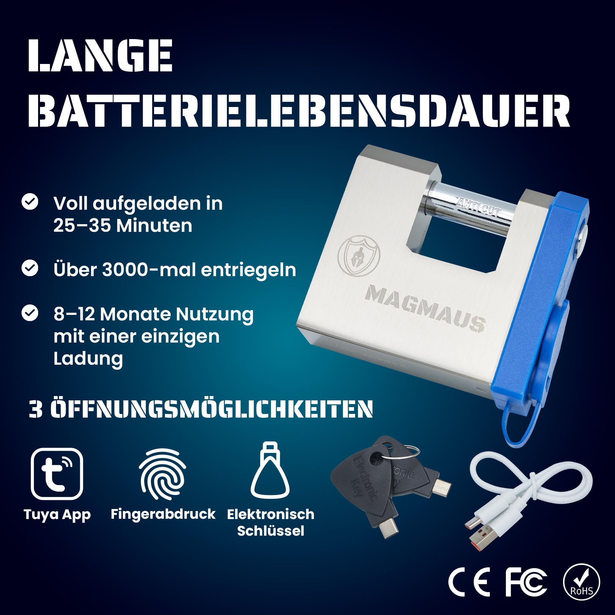 Magmaus® SRL70 Fingerabdruck schloss – Smart Lock Vorhängeschloss mit App-Steuerung, 20 Fingerabdrücken, 2 Notschlüsseln & IP68-Schutz für Garten, Tor & Container.