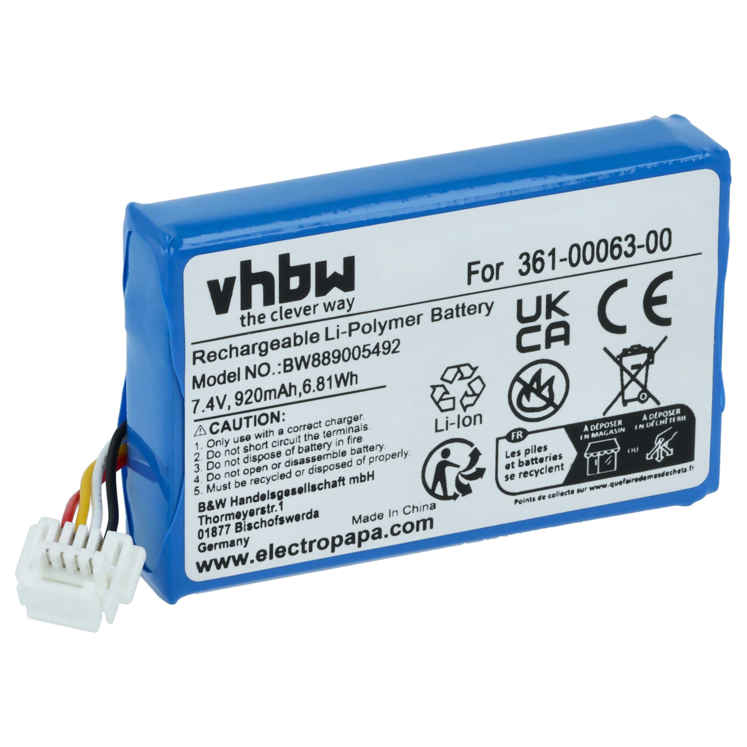 vhbw batteria sostituisce Garmin 361-00063-00 per navigatore GPS (920mAh, 7,4V, Li-Poly)