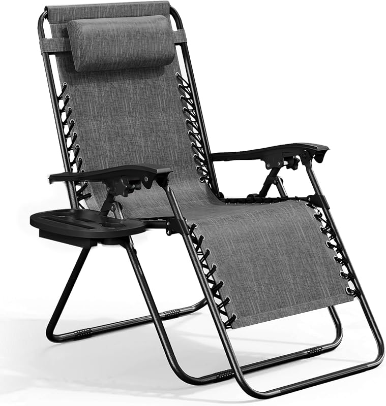 Nestl Zero Gravity Chairs, Portable Patio Lounge Chair Outdoor with Pillows & Cup Holder Trays, Adjustable Steel Mesh Reclining Camping Chair, Folding Patio Lawn Chair for Deck, Beach, Yard - Grey