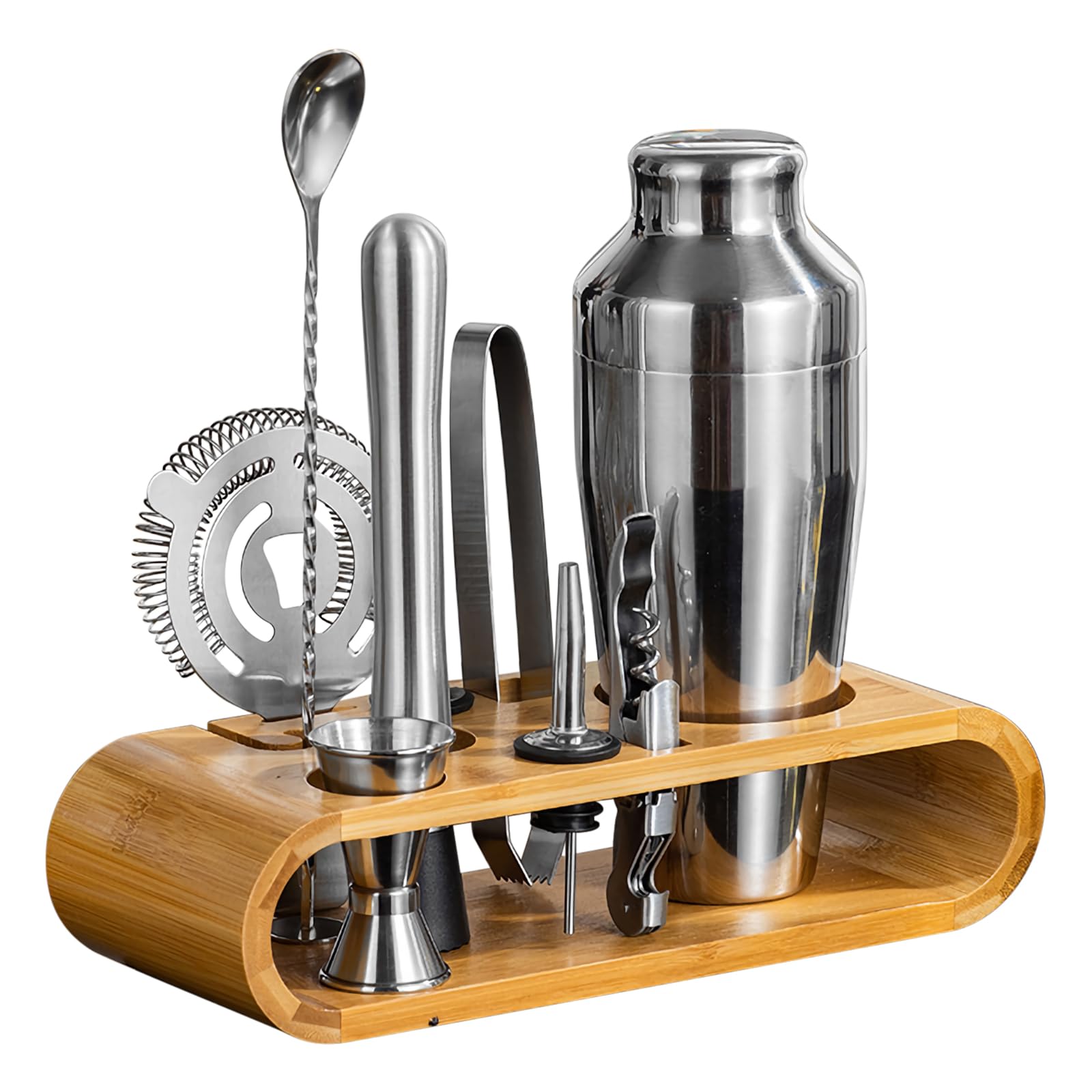 Kit da barman da 9 pezzi con supporto in bambù: set di shaker per cocktail per casa e bar, accessori da barista (M)
