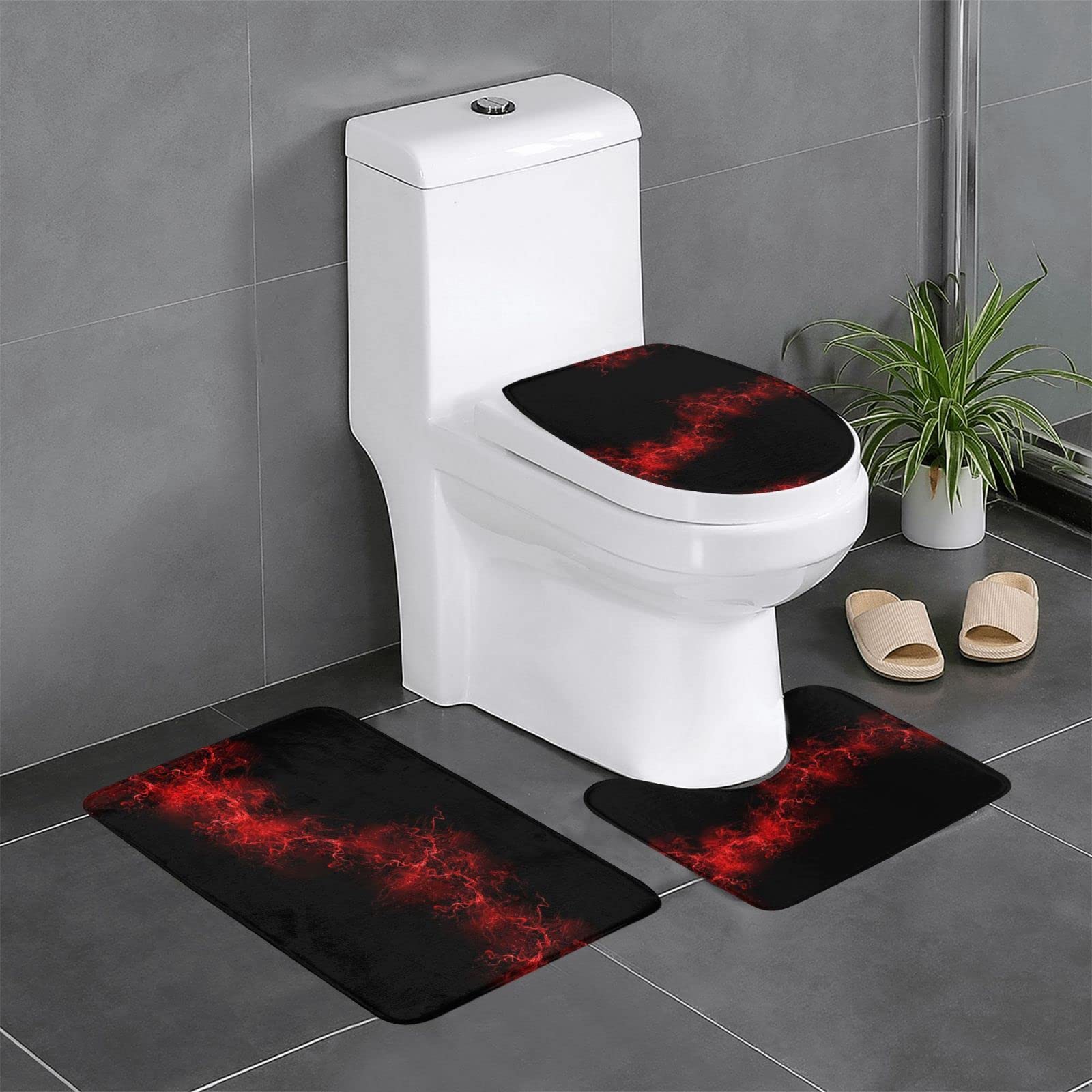 Lot de 3 tapis de salle de bain rouge et noir absorbants et antidérapants