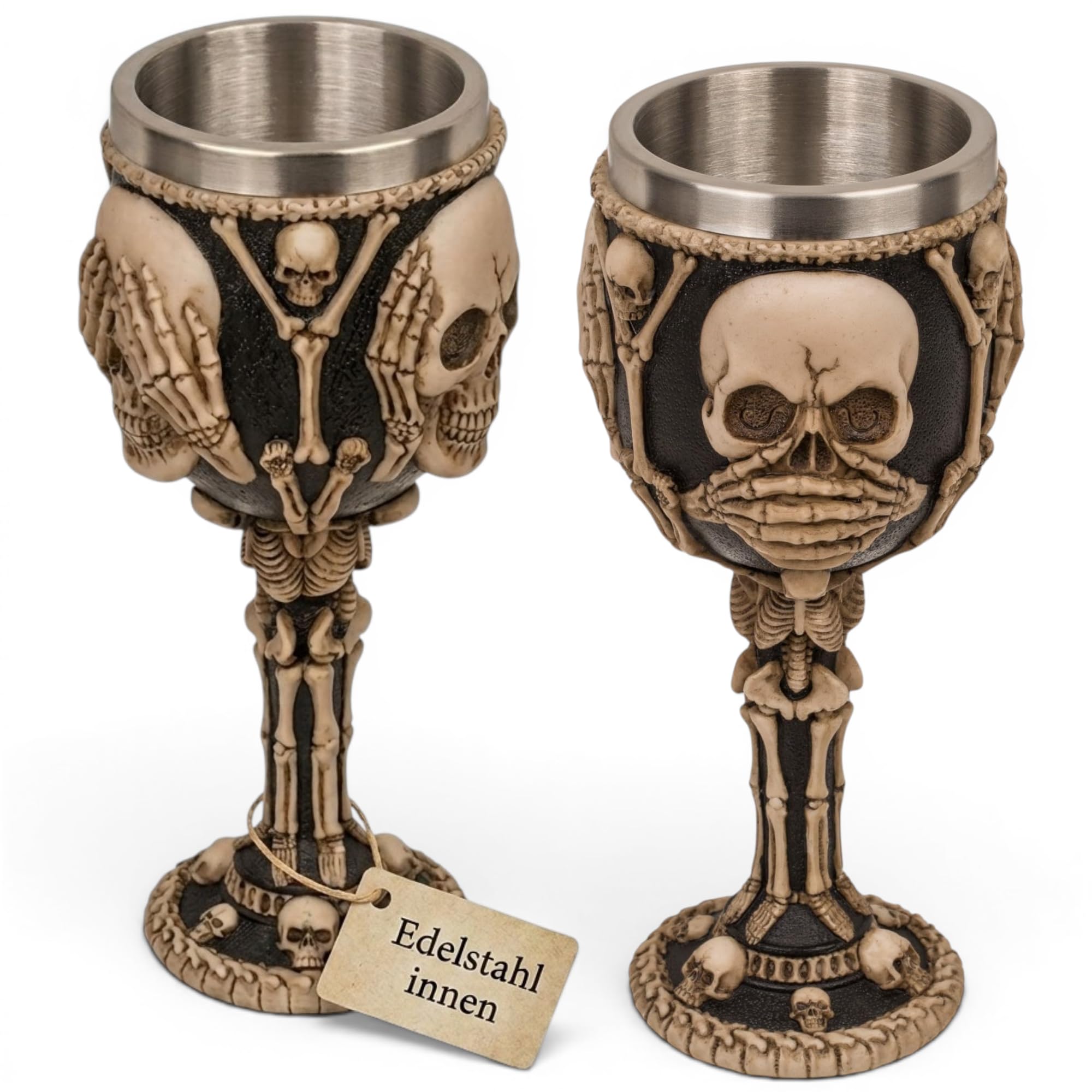 MIJOMA 3D-Totenkopf Weinglas Becher – Schädelbecher aus Kunststein und Edelstahl, mittelalterlicher Wikinger Krug, 300ml Fassungsvermögen (sieh nicht, hör nicht, sprich nicht)