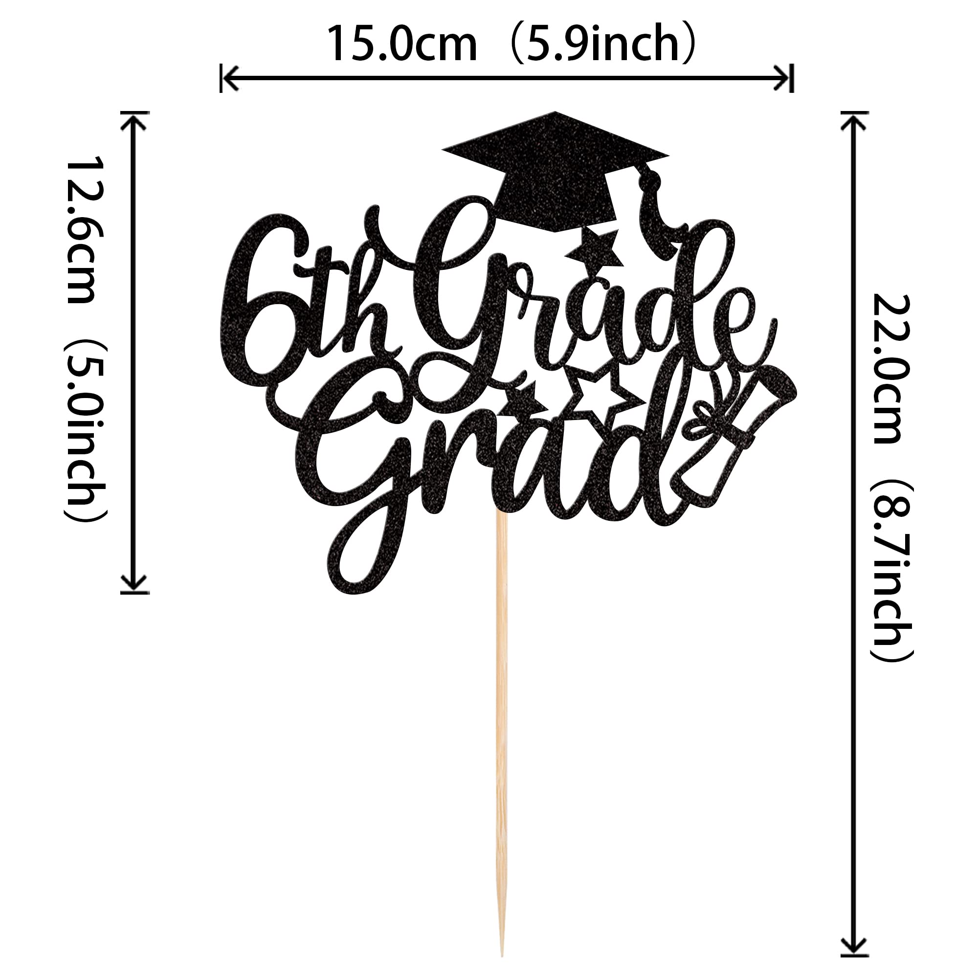 1 PCS 6th Grade Grad Cake Topper with Glitter Diploma Cap 6th Grade Graduation Cake Pick Class of 2024 Cake Decorations for 2024 Kids Boys Girls Sixth Grade Graduation Party Supplies Black