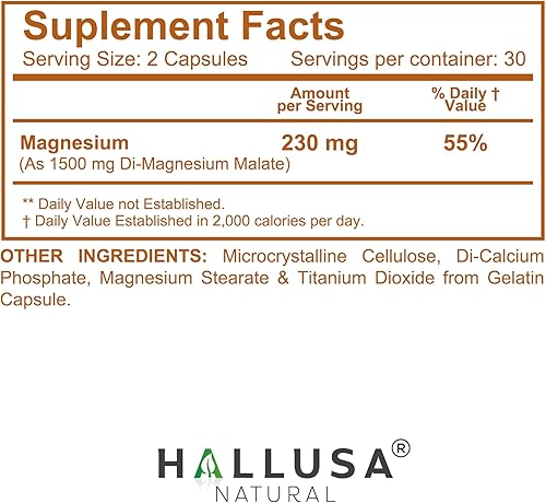 Miniatura 7 de Hallusa Natural Cápsulas de malato de magnesio 1500 mg - Apoyo muscular y nervioso, equilibrio óseo y electrolito, metabolismo energético - malato