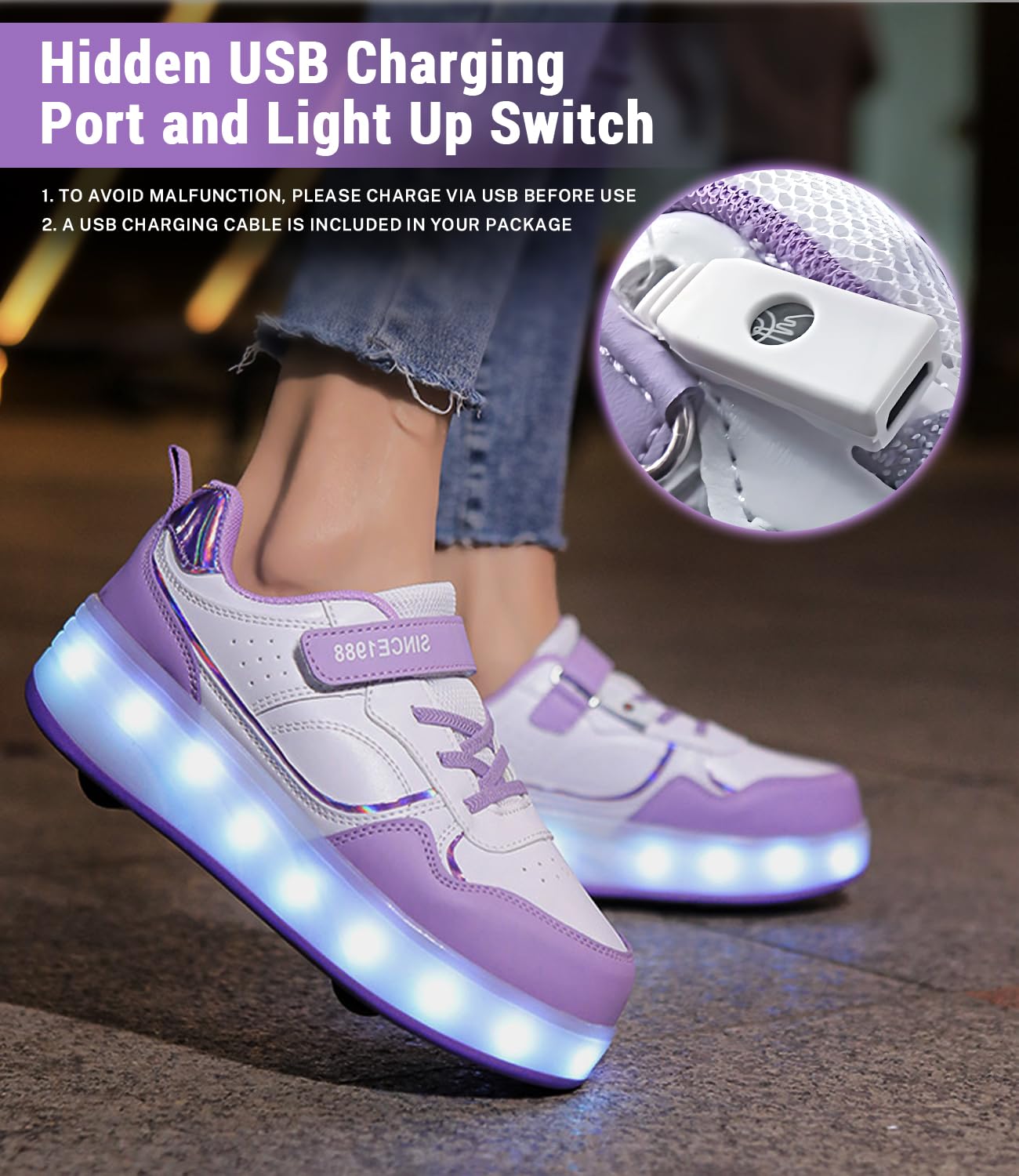 FANSU Chaussures à Roulette Garçons Filles avec LED, 2 en 1 Patins à roulettes Retractable Enfant avec 4 roulettes USB, Chaussures de Skateboard pour Extérieur