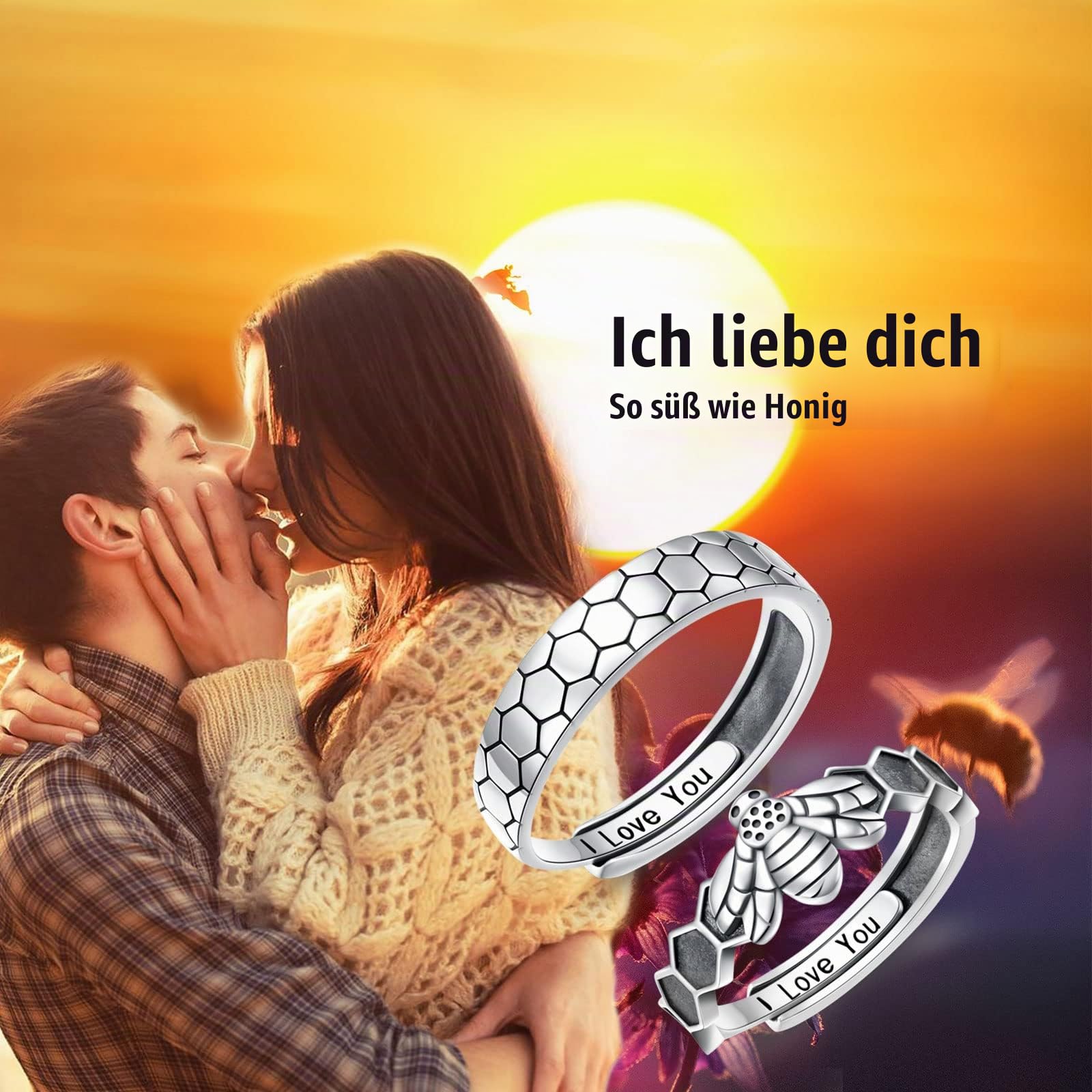 Biene Wabe Paar Ringe Set, 925 Sterling Silber Niedliche Tiere Matching Ring für Paare Eingraviert I Love You, Einstellbare Verlobung Hochzeit Versprechen Ring für Sie und Ihn