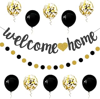 Welcome Home Decorations Glitter Welcome Home Banners Balloons Set Party Pennant Bunting Garland for New Home Family Birthday Christmas Wedding Boy Girl Baby Shower Hanging String Flag Black Golden