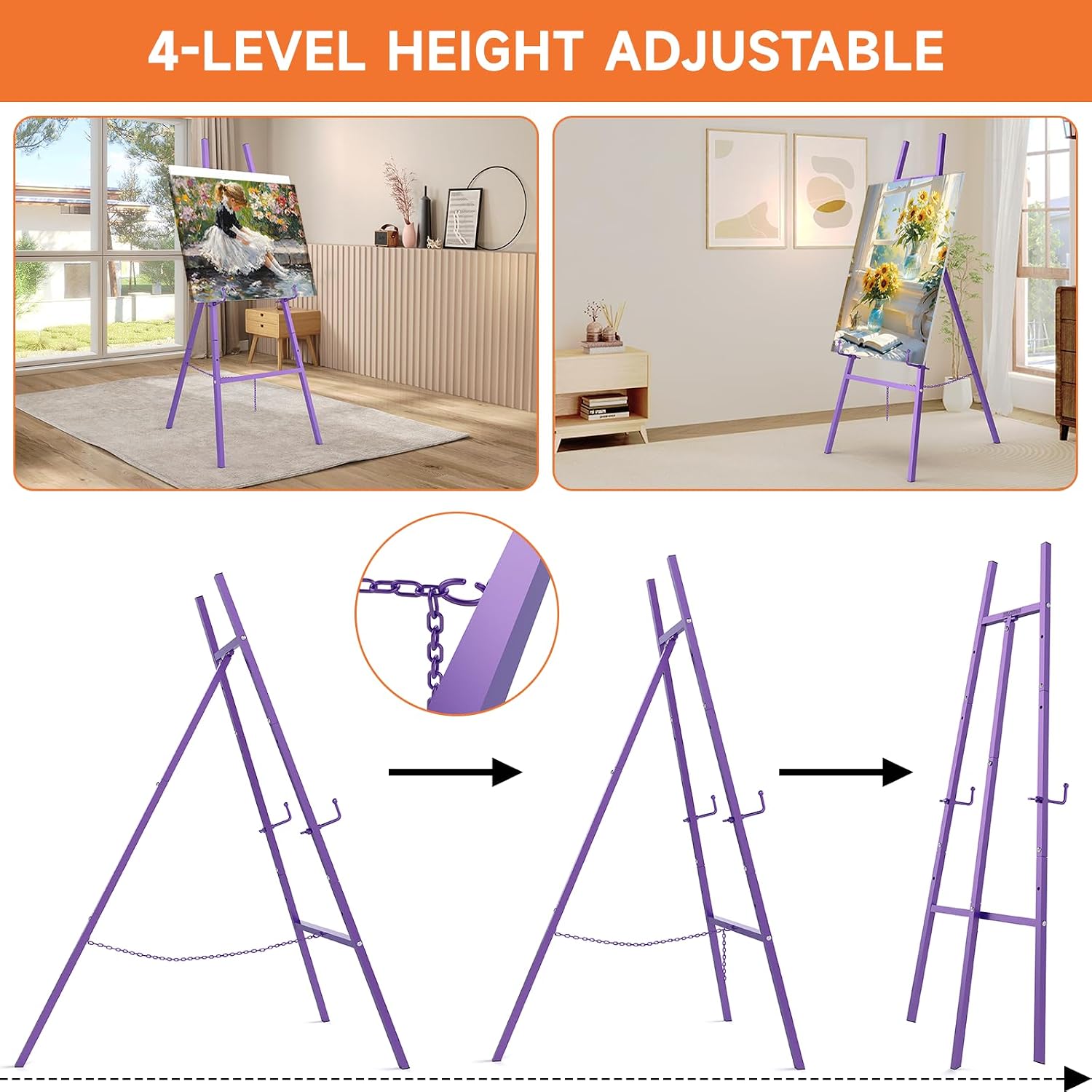 Easel Stand for Sign, Heavy Duty Display Easel with Adjustable Chain, 4-Tier Height Art Easel for Painting, Wedding Sign, Posters & Commercial Display