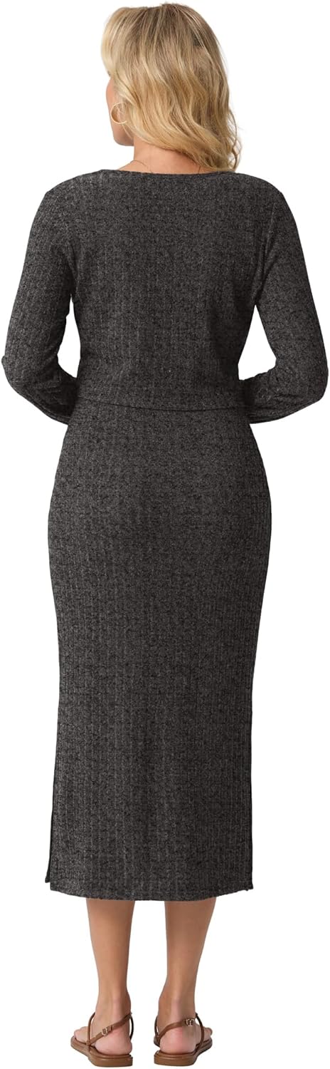 GRECERELLE Women's Fall 2 Piece Sets Long Sleeve Cropped Cardigan Split Crewneck Midi Dress (S-2XL) - Image 4