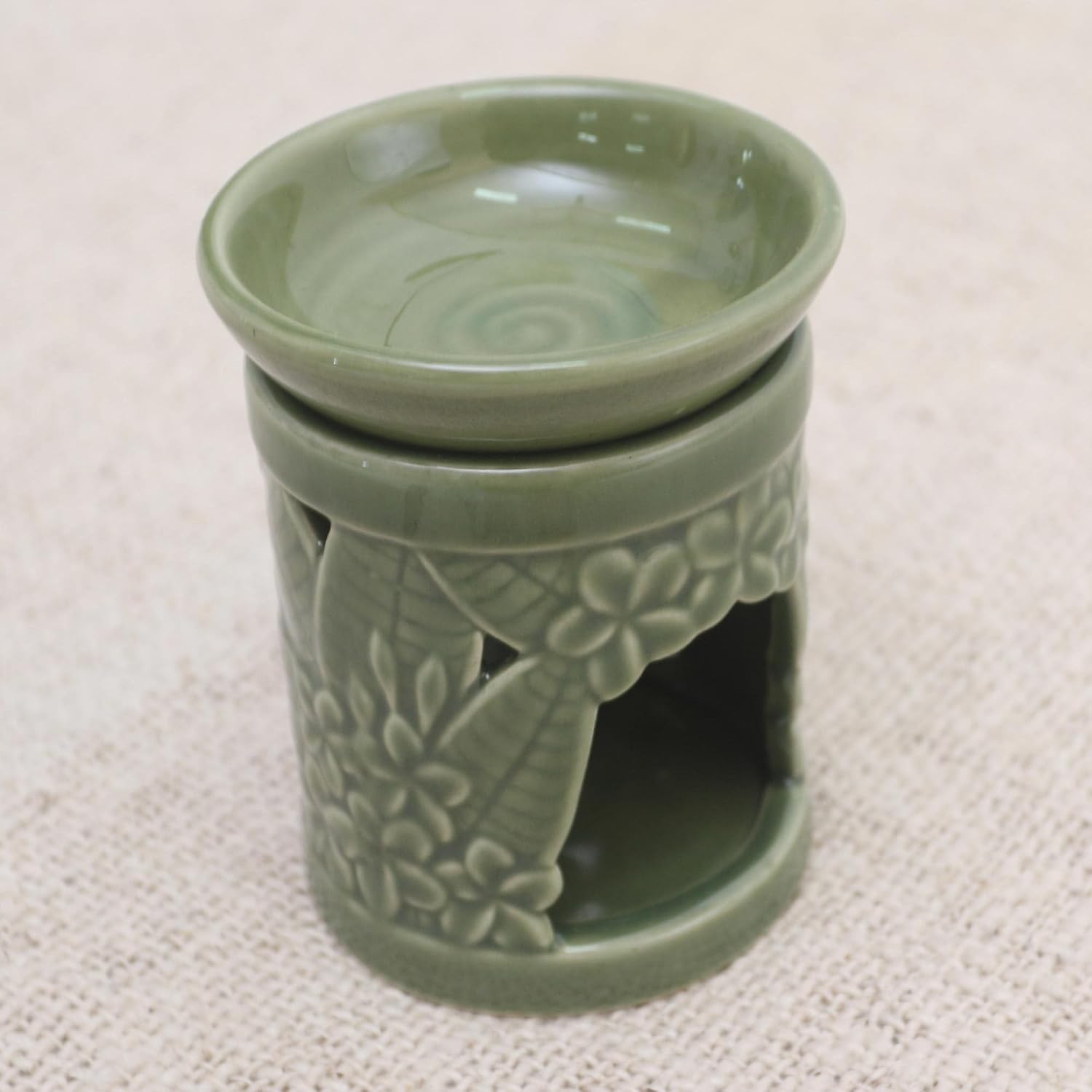 NOVICA Green Ceramic Floral Incense Holder from Indonesia 'Jepun Tree'