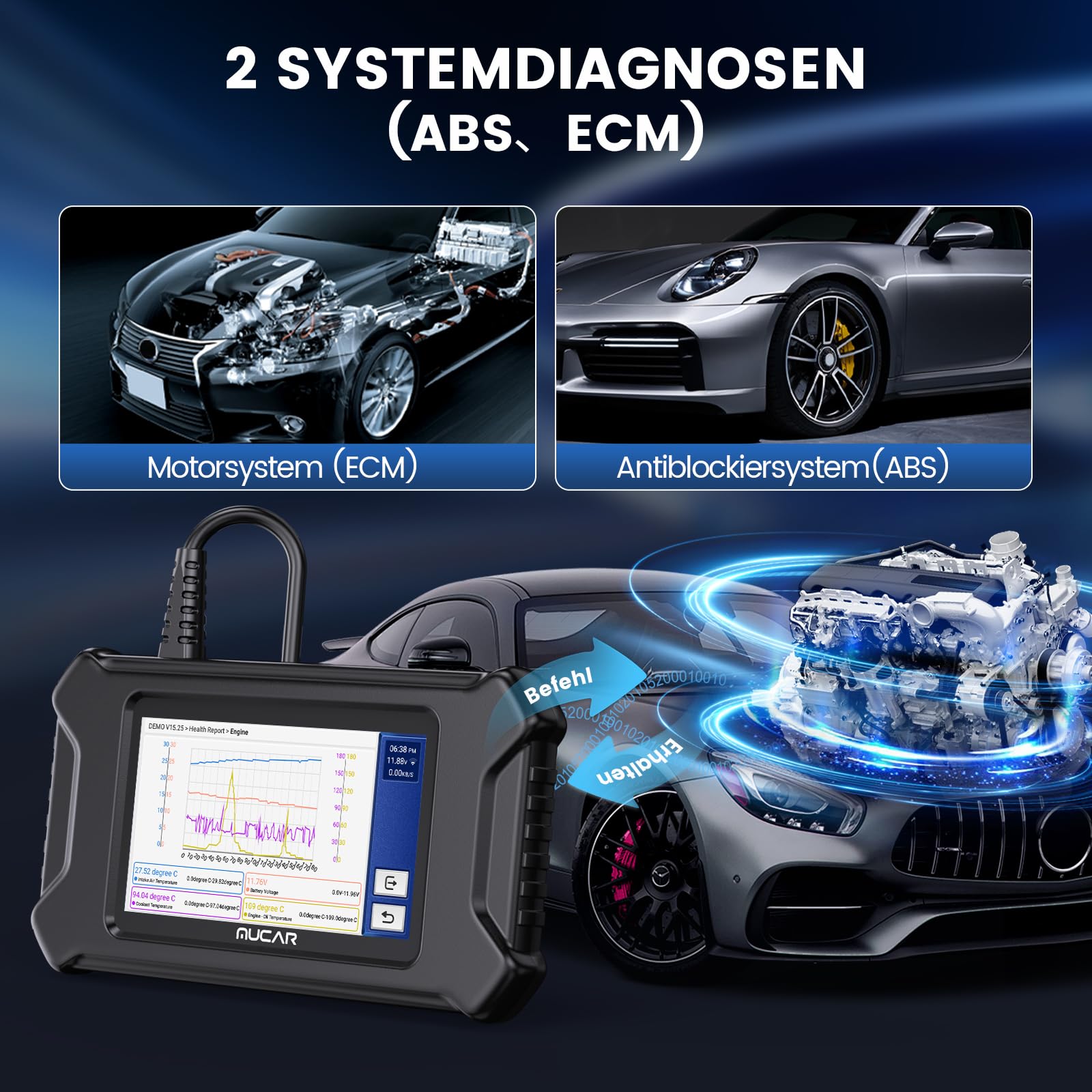 OBD2 Diagnosegerät, MUCAR CS90 Diagnosegerät Auto Mit 2 Systemdiagnose (ECM/ABS) Und 28 Reset-Funktion, Auto Diagnosegerät Für AutoVIN-Service, Android 7.0, kostenloses Update