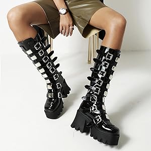 Amazon.com | Furcross Women Metal Chunky Goth Platform Boots Zipper Riding  Mid Calf Knee High Boots | Mid-Calf