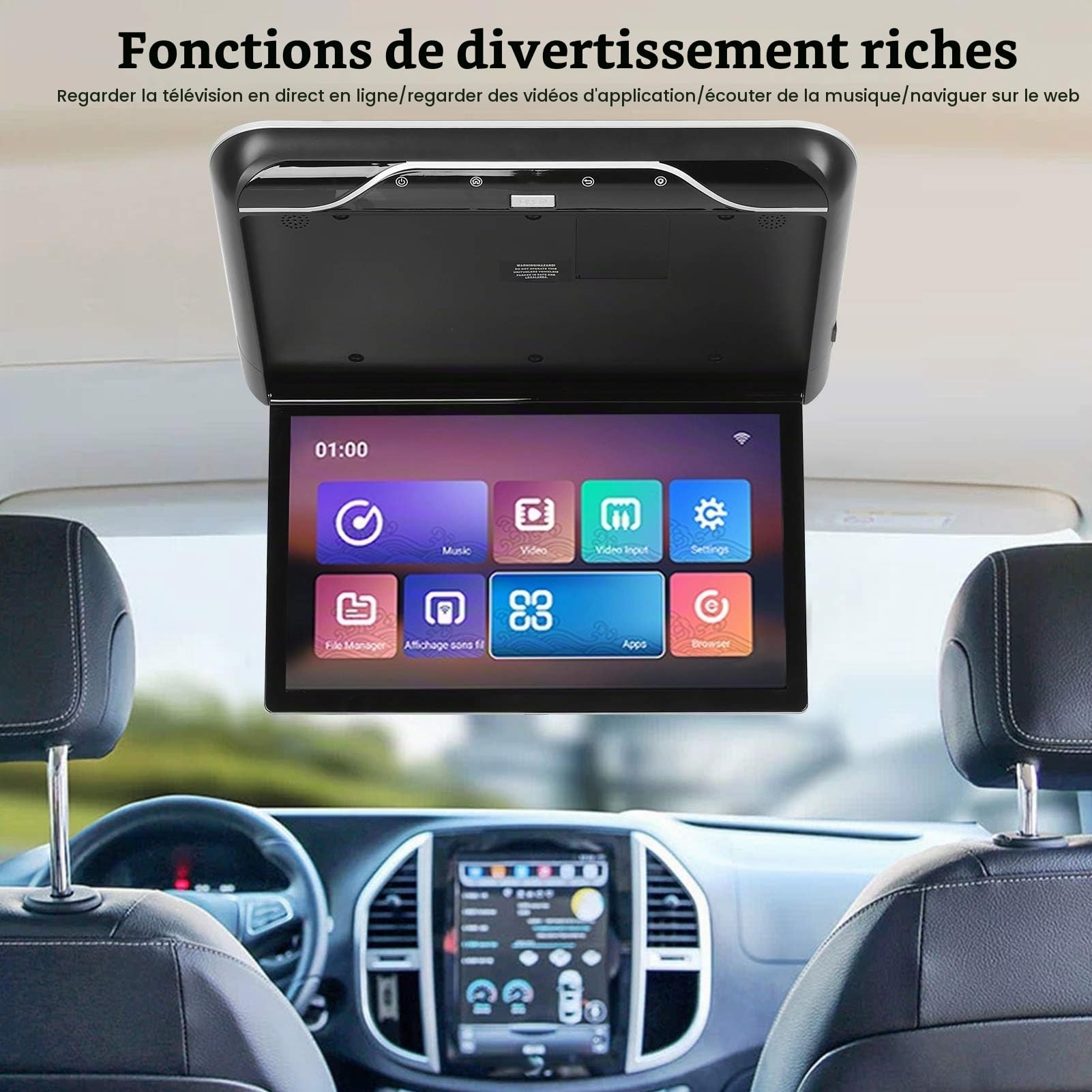 Akozon Lecteur DVD de Toit de Voiture 19 Pouces Moniteur Rabattable Téléviseur au Plafond HDMI- Compatible avec la Télécommande pour Android 9.0 Rabattre L'écran Supérieur(Noir)