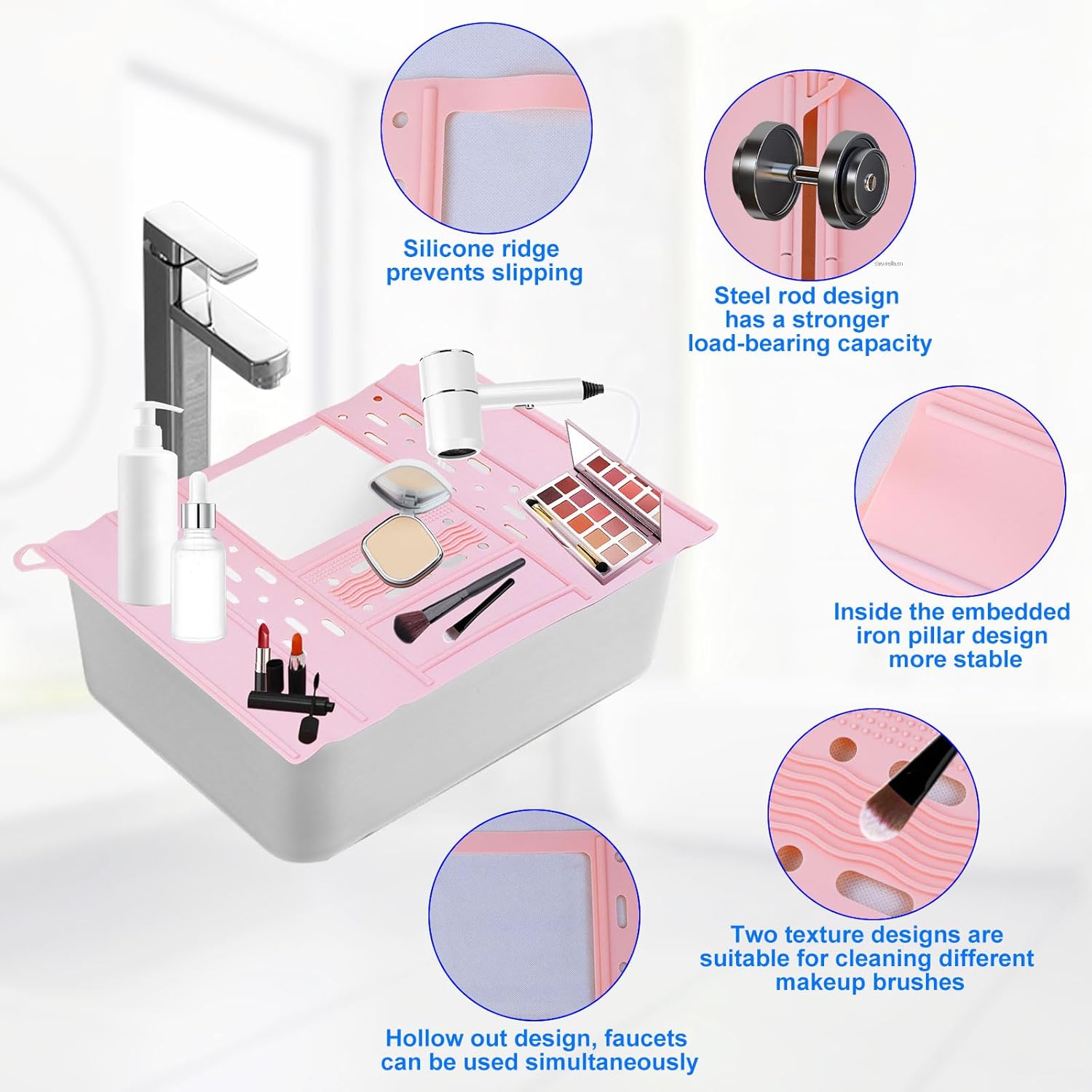 Bathroom Sink Cover,Foldable Makeup Brush Cleaning Mat Silicone Sink Topper for Countertop Heat Resistant Makeup Organizer Mat Space Saving