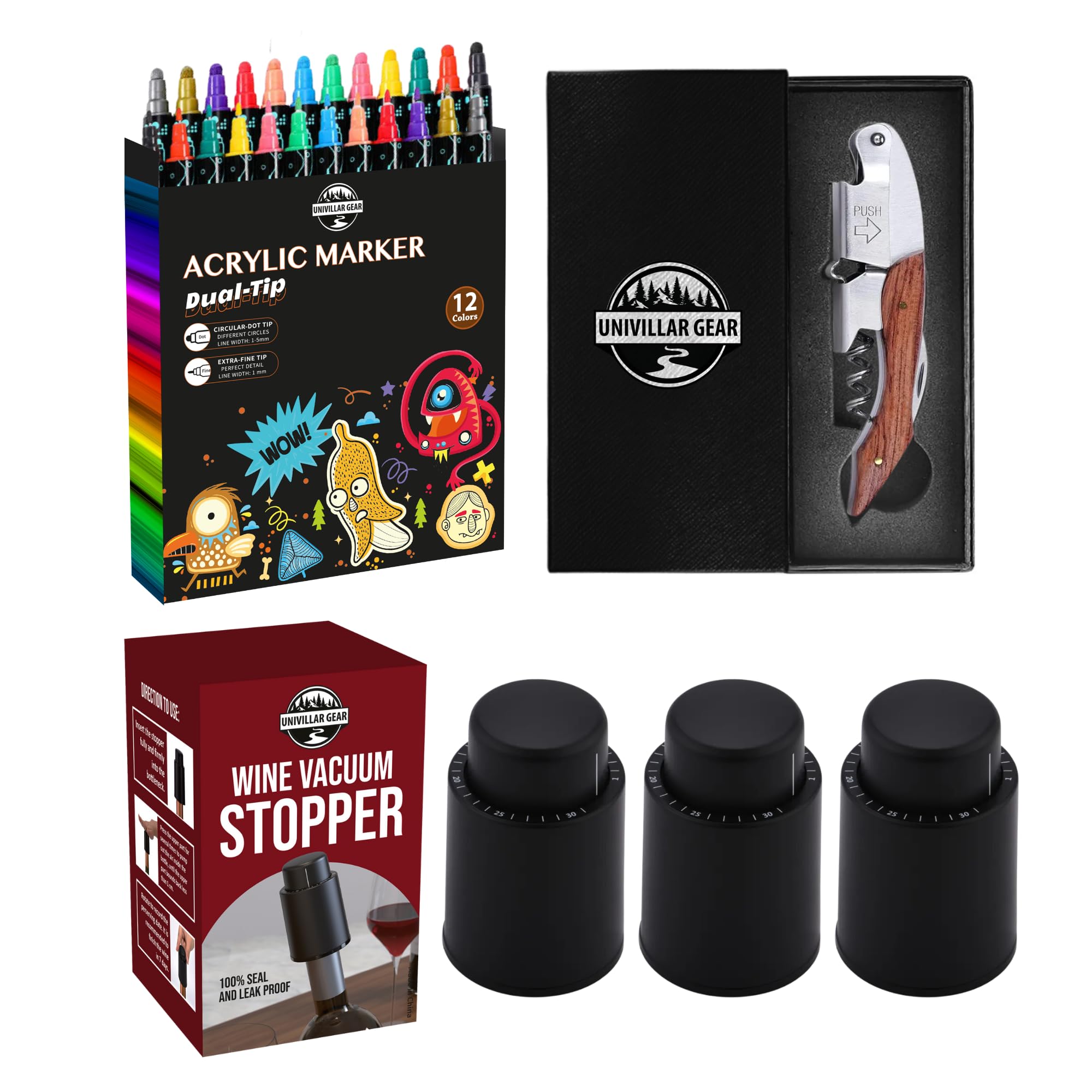 Wine Bar Essentials Set by Univillar Gear. Includes Corkscrew Wine Opener, 3 Pieces Vacuum Wine