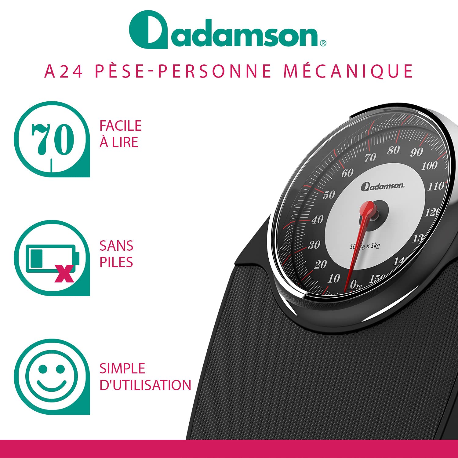 Adamson A24 Balance Pèse Personne Analogique - Nouveauté - Jusqu'à 350LB, Surface Antidérapante, Chiffres Extra Larges, Pèse Personne Mécanique, Garantie 20 Ans - Chambre et Salle de bain