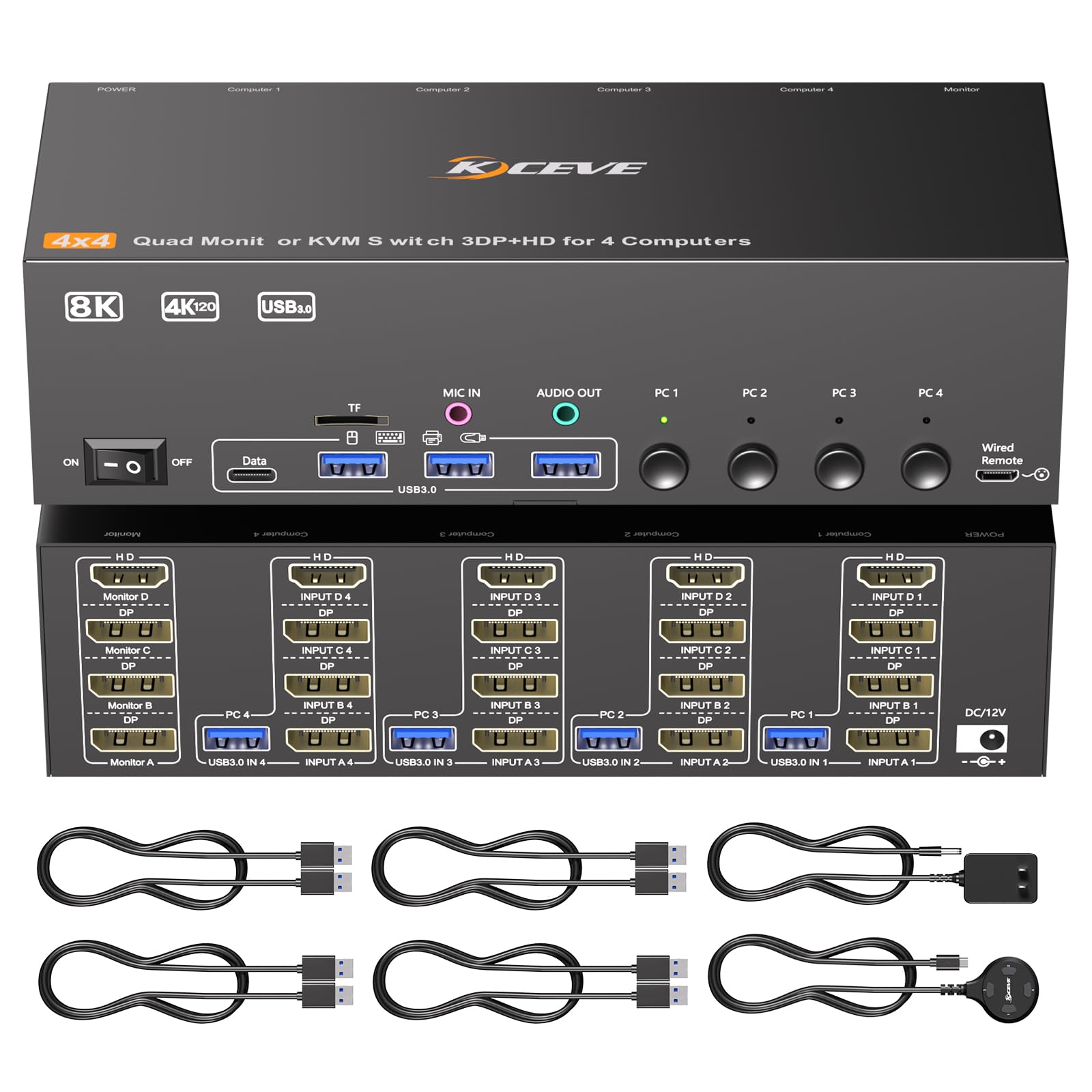 KVM Switch 4 Computers 4 Monitors HDMI 8K@60Hz, Reyoten USB 3.0 DP KVM Switch for 4 Computers Share 4 Monitors and 4 USB Devices with Power Adapter, KVM Switches with Extend Controller-image-27