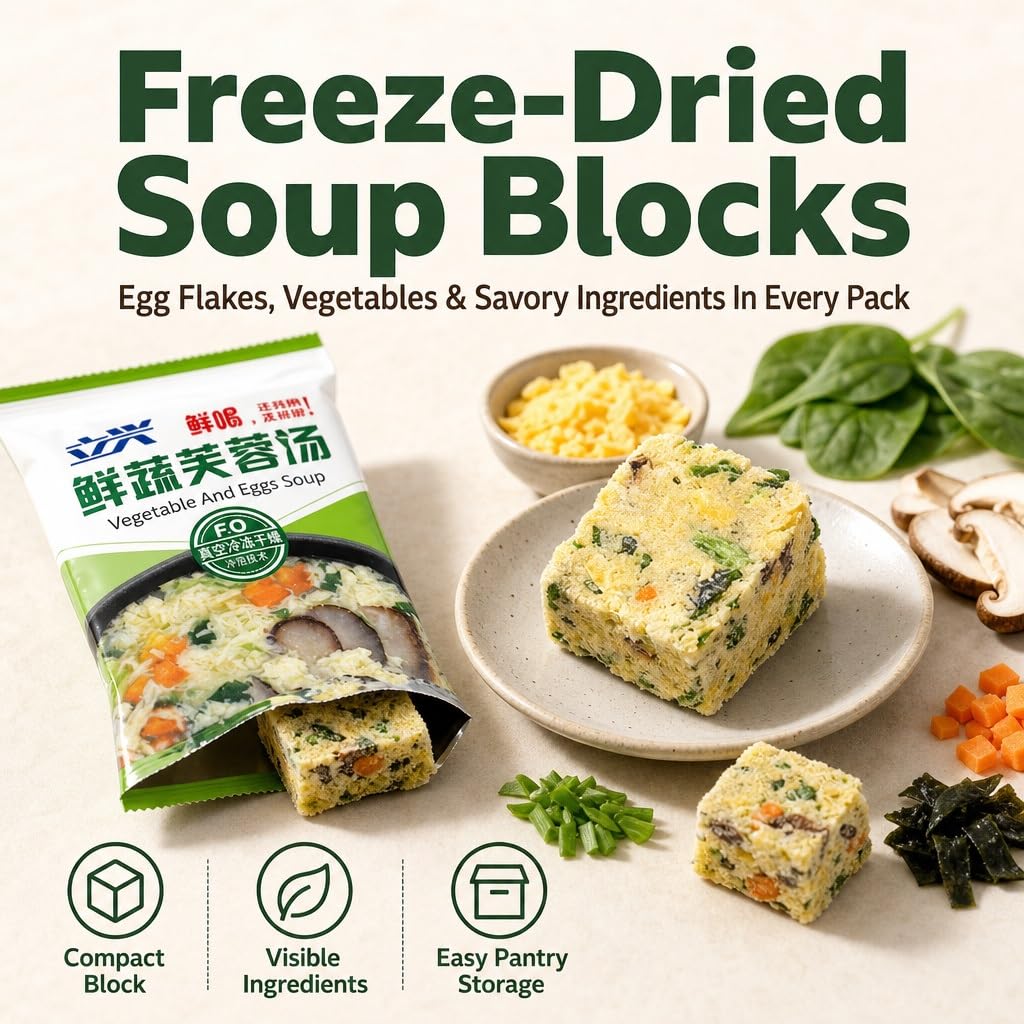 Paquete De 30 Mezclas Sopa Instantánea: Huevo Verduras, Algas Y Champiñones, Liofilizado, Fácil Preparación, 3 Sabores