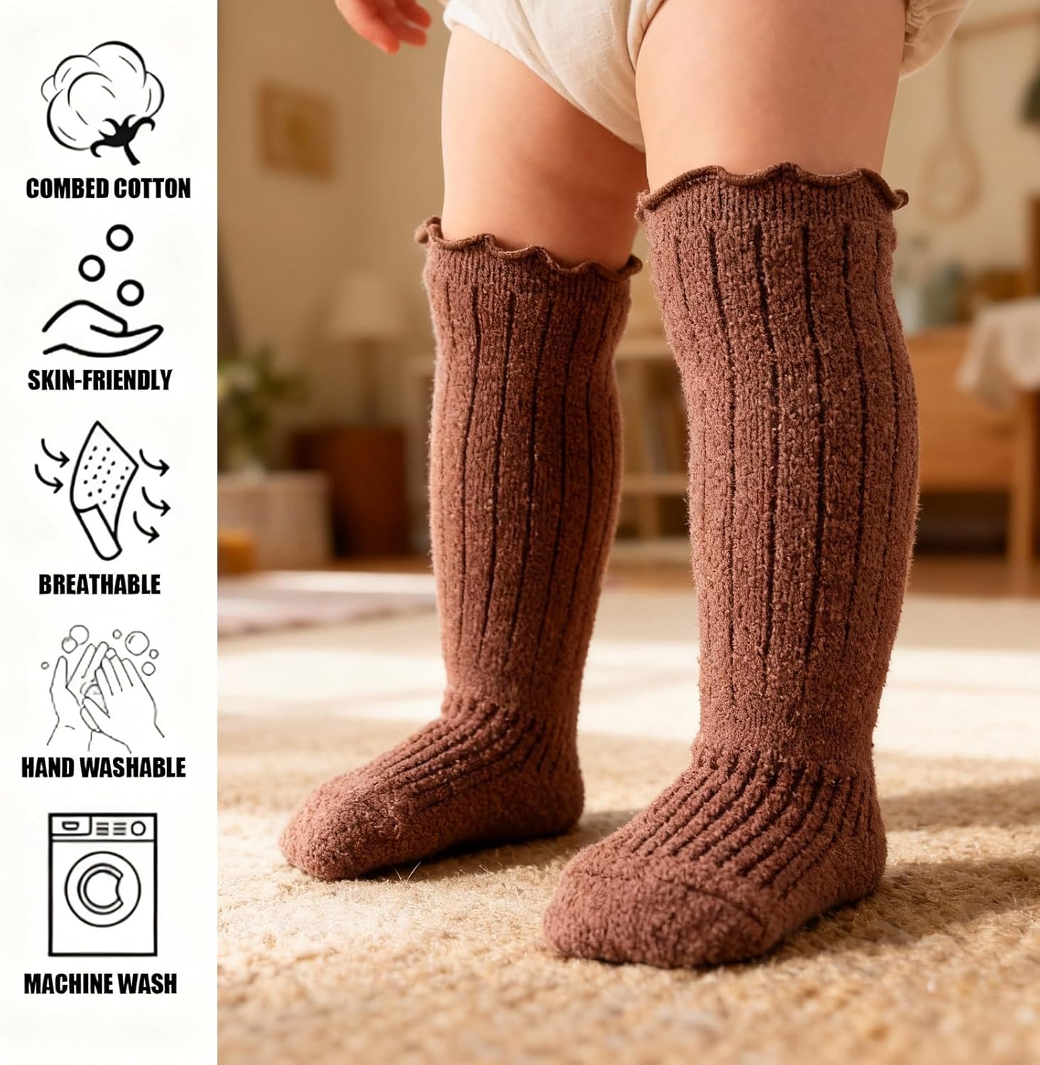 Baby Girls Knee High Socks Toddler Ruffle Sock Newborn Infant Girl Long Stockings Warm Solid Long Socks - Image 3
