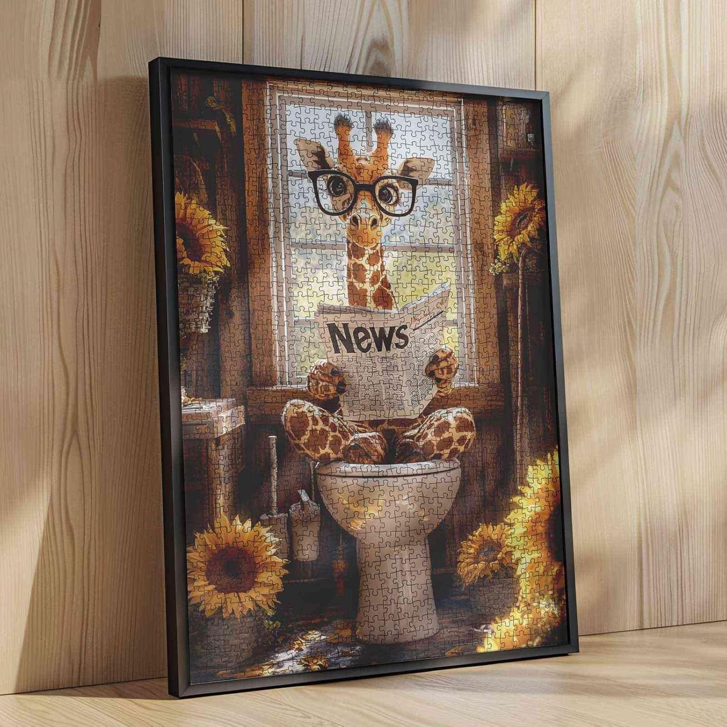 Tucocoo Cute Giraffe Sunflowers Puzzles 1000 Piece, Sitting on Toilet Reading Newspaper Art Puzzle for Adults Farmhouse Style DIY Crafts Jigsaw Puzzles for Home Decoration Gifts, Family Games Puzzle
