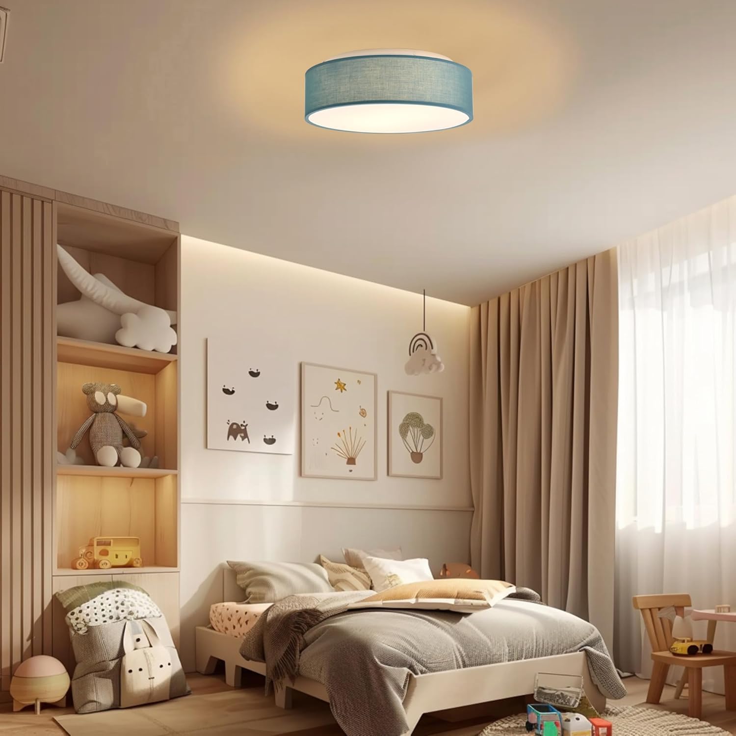 Plafón de Techo Redondo de Tela 38 cm, Pantalla Textil con 2 Casquillo E27 (40W máx.) Lámpara de Techo para Salón, Dormitorio, Pasillo o Habitación Infantil,Sin bombilla (Azul ceniza, 38)