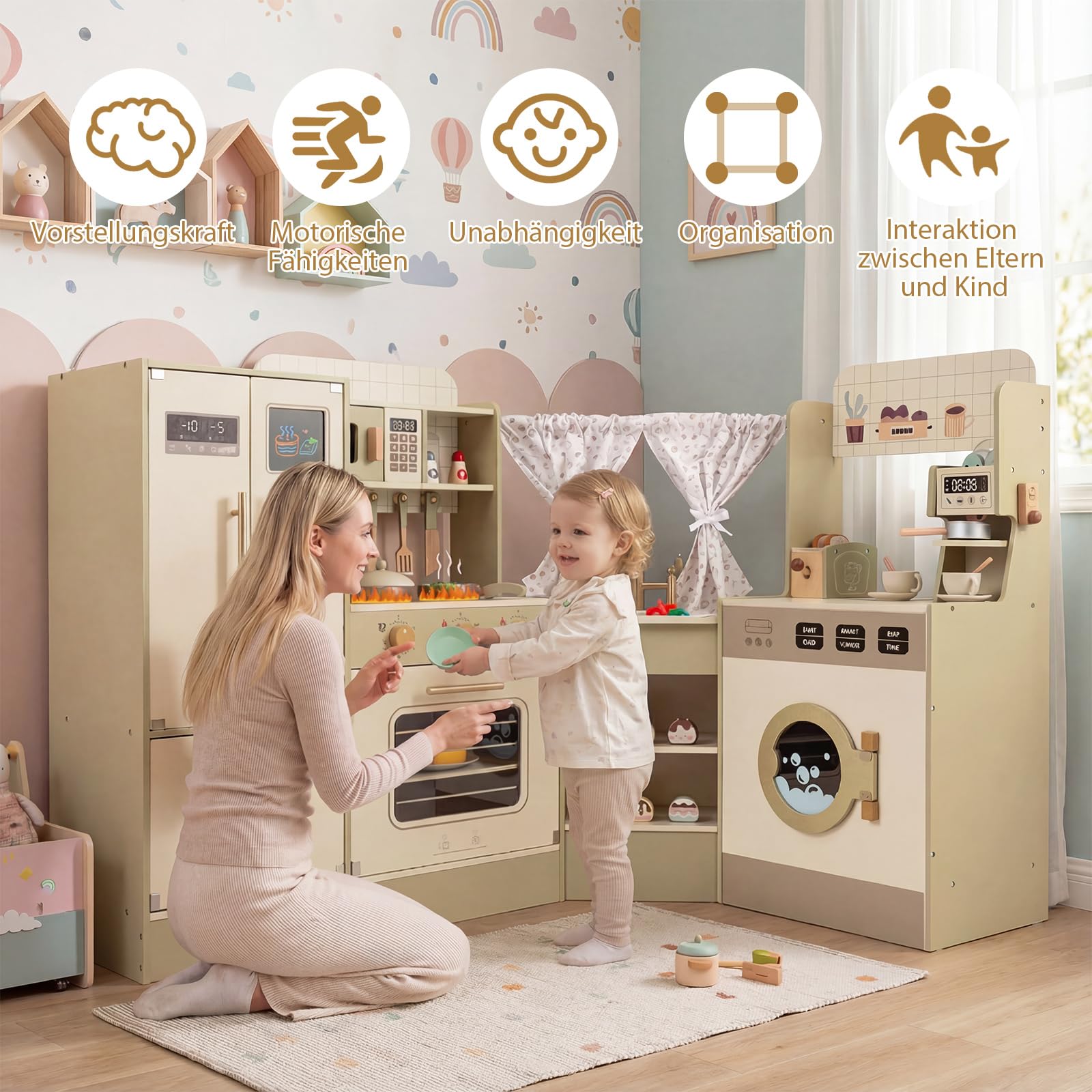 COSTWAY Kinderküche, Eck Spielküche mit Herd, Kühlschrank, Geschirrspüler, Kaffeemaschine, Mikrowelle & Toaster, Spielzeugküche mit 21 Zubehörteilen, Holzküche für Kinder ab 3 Jahren