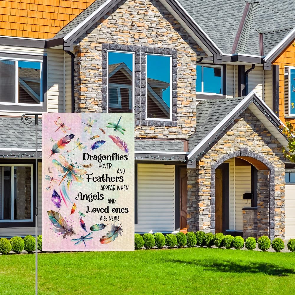 Perfectinsoy Dragonflies Hover And Feathers Appear When Angels And Loved Ones Are Near Garden Flag for Outdoor, Memorial Loved Cemetery Flag, Yard House Garden Home Decor, Funeral Remembrance Decor - Image 4