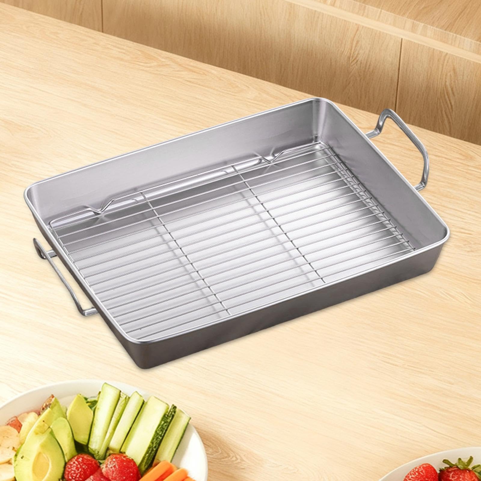 Bandeja para Asar con Rejilla Desmontable, Placa Rectangular Antiadherente, Asas de Fácil Agarre, Acero Inoxidable para Hornear, tal como se describe, Longitud 41.5 Cm