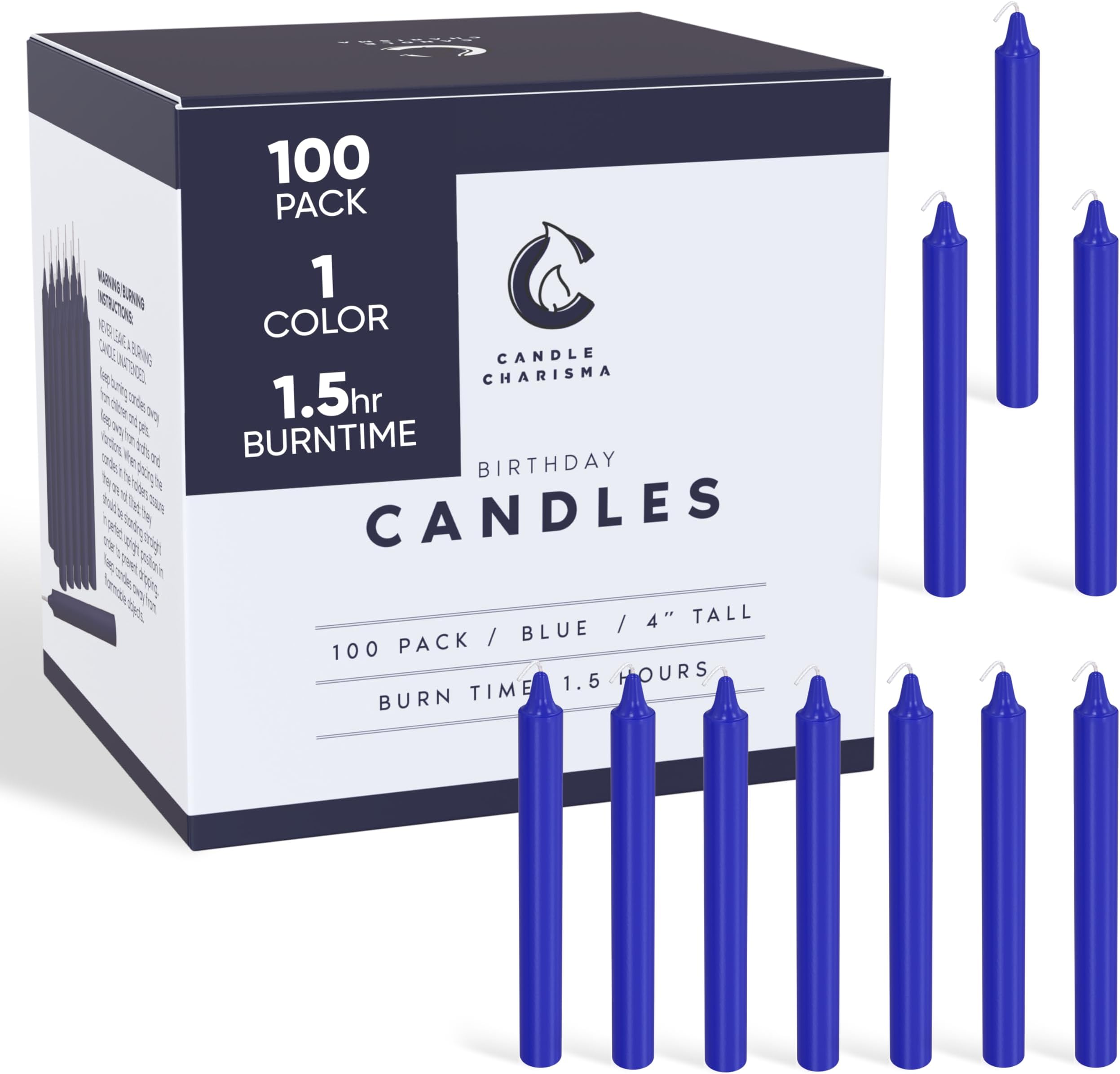 Candle Charisma 100 Blue Spell Candles - 4" Unscented Paraffin Chime Candles, Smokeless & Dripless, Colored Candles, Long Burn Time 0.43" Thick Taper Candles for Rituals,Birthdays and Parties