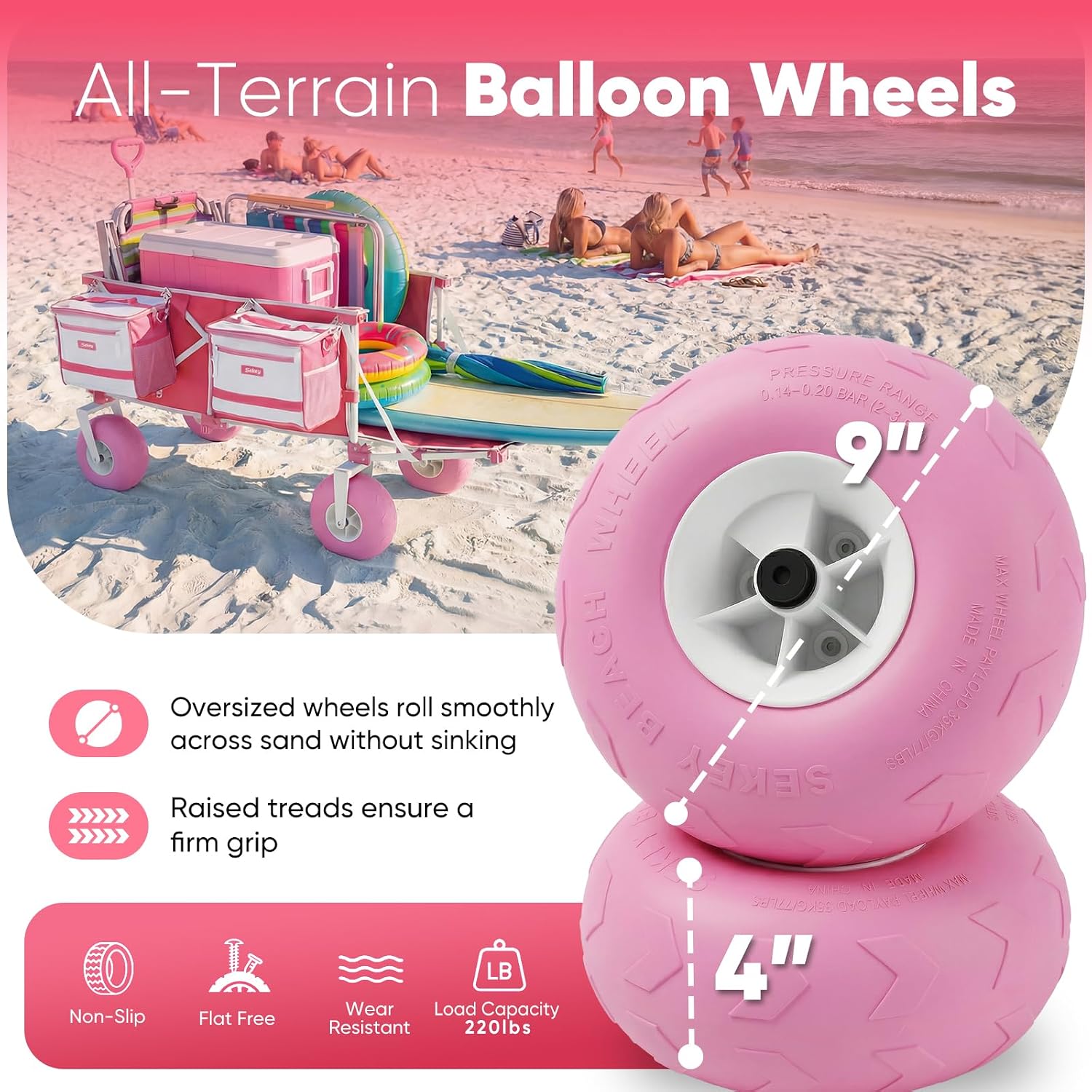 sekey heavy duty beach wagon with 9" big sand-proof wheels, 300l oversized foldable beach cart with cooler| adjustable handle & balloon tires for sand, camping,vacation pink 300l 9" big sand-proof wheels