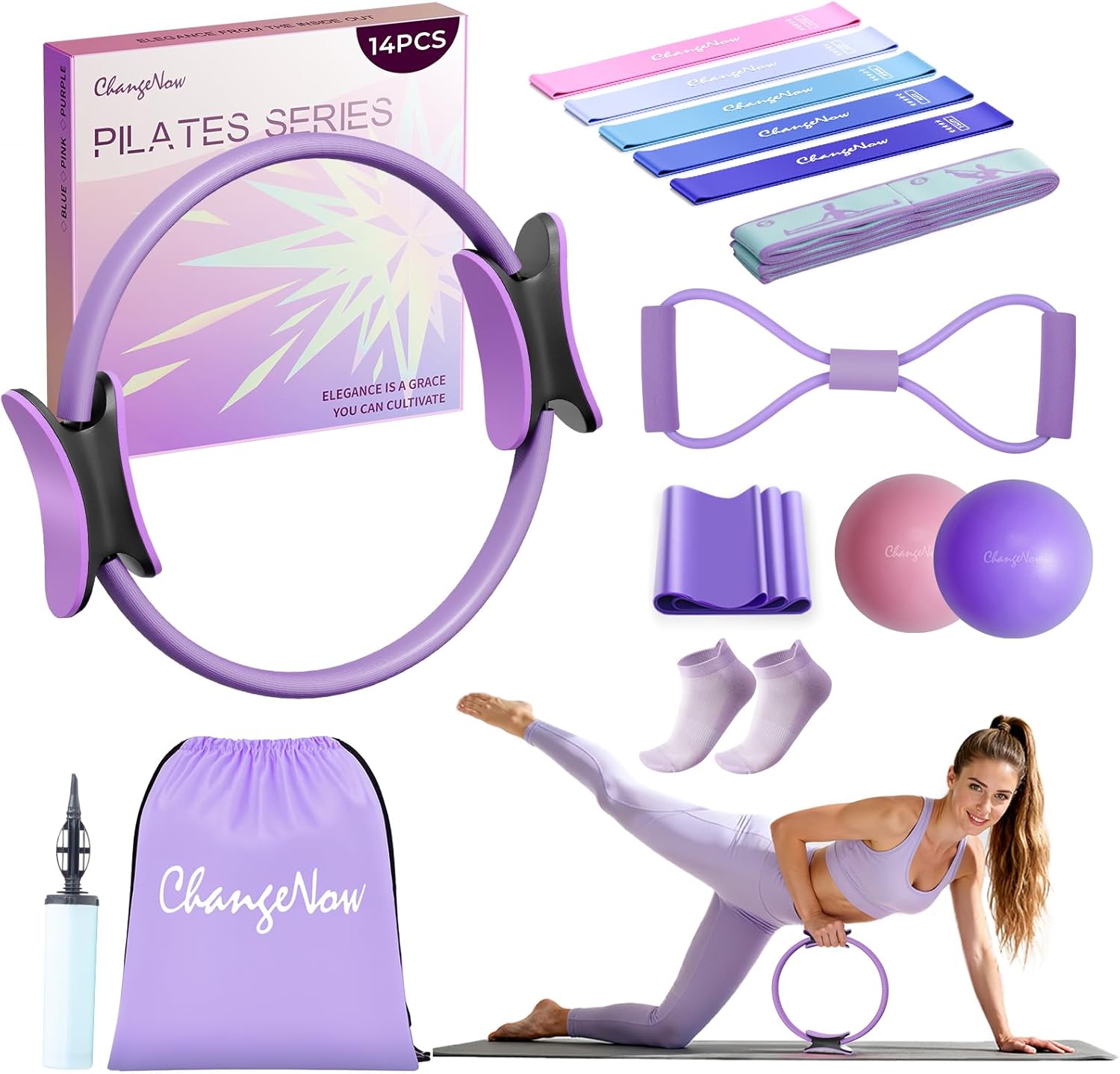 Targeted Training Pilates Kit,Upgraded Pilates Equipment for Women with 14'' Magic Circle, Figure 8 Bands, Pilates Ball & Bands to Firm Core, Thighs, Glutes & Arms at Home - Workout Guide Included