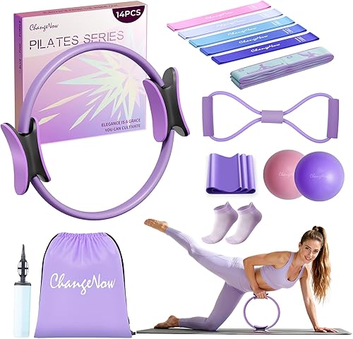 Kit de pilates de 14 piezas para mujer, [2025 mejorado], equipo de pilates para entrenamientos en casa, accesorios de pilates con anillo de pilates