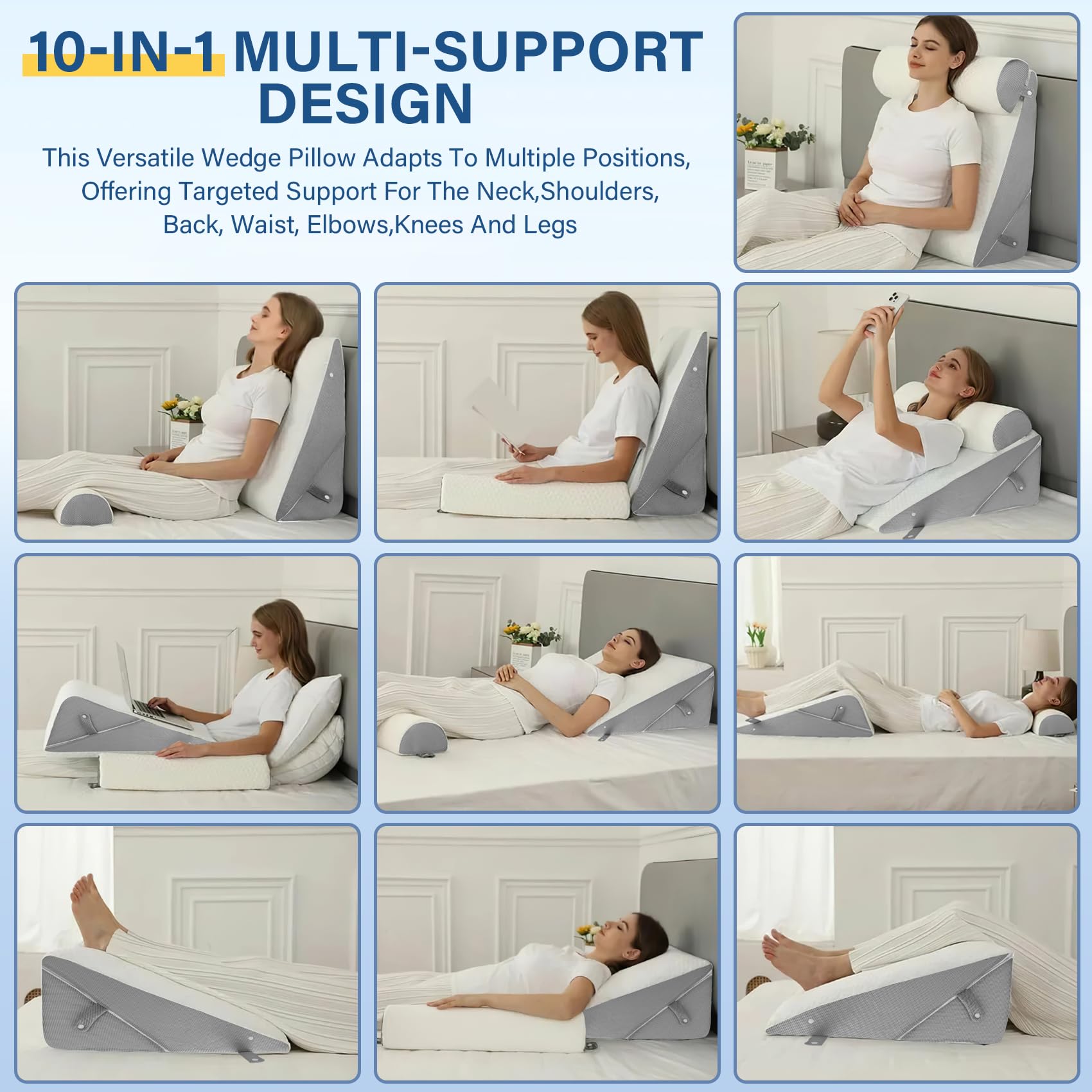 3 in 1 Cuscino a Cuneo, Cuscino a Cuneo Per Letto Con Memory Foam | CuscCuneo Letto Regolabile, Cuscino a Cuneo Antireflusso, Per Seduta Con Fodera Lavabile, Per Apnea Del Sonno, Lettura