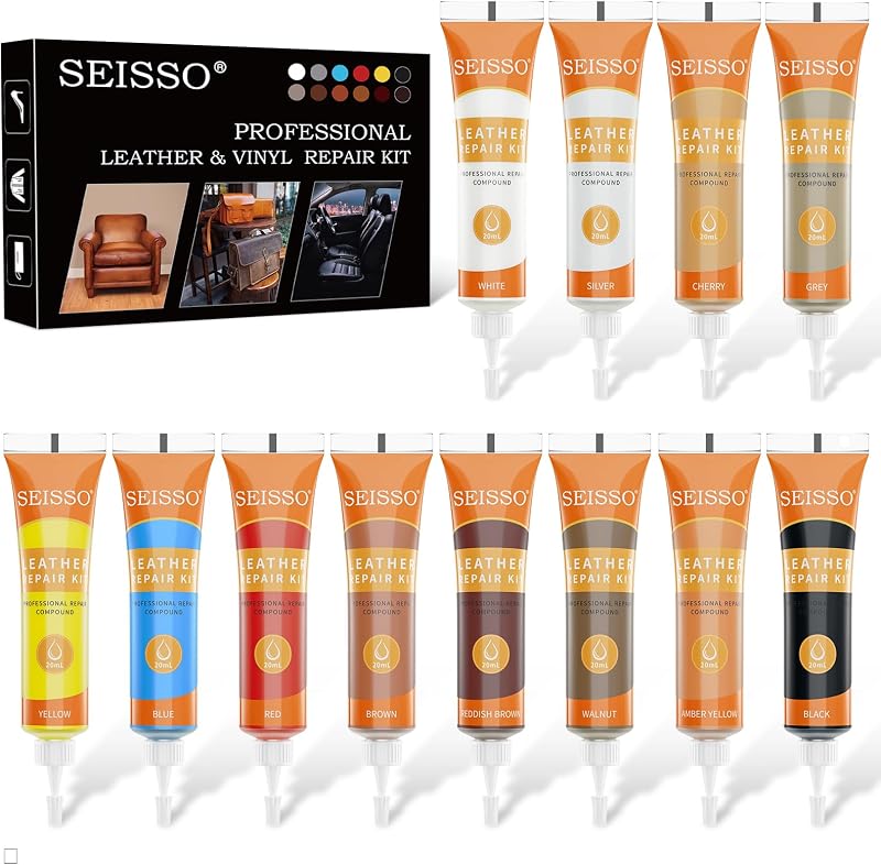 Kit de Reparo para Couro e Vinil SEISSO com 12 Cores para Bancos Automotivos, Sofás, Bolsas e Calçados