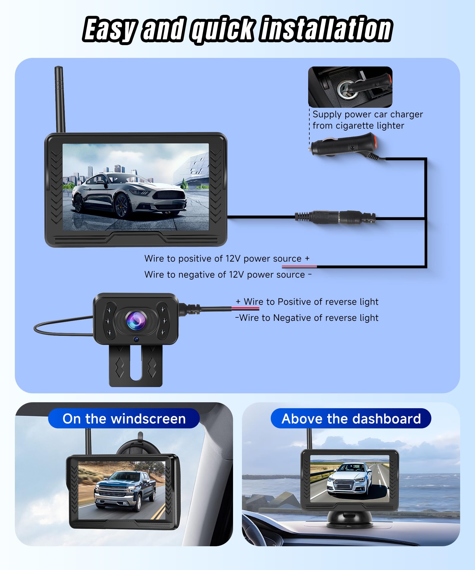 VECHTEL AHD 720P Kabellose Rückfahrkamera,5"-HD-Monitor-Set, IP69 wasserdicht, Weitwinkel, Nachtsicht, Rückfahrkamera für LKW, SUVs und 12-V-Fahrzeuge, einfache Installation