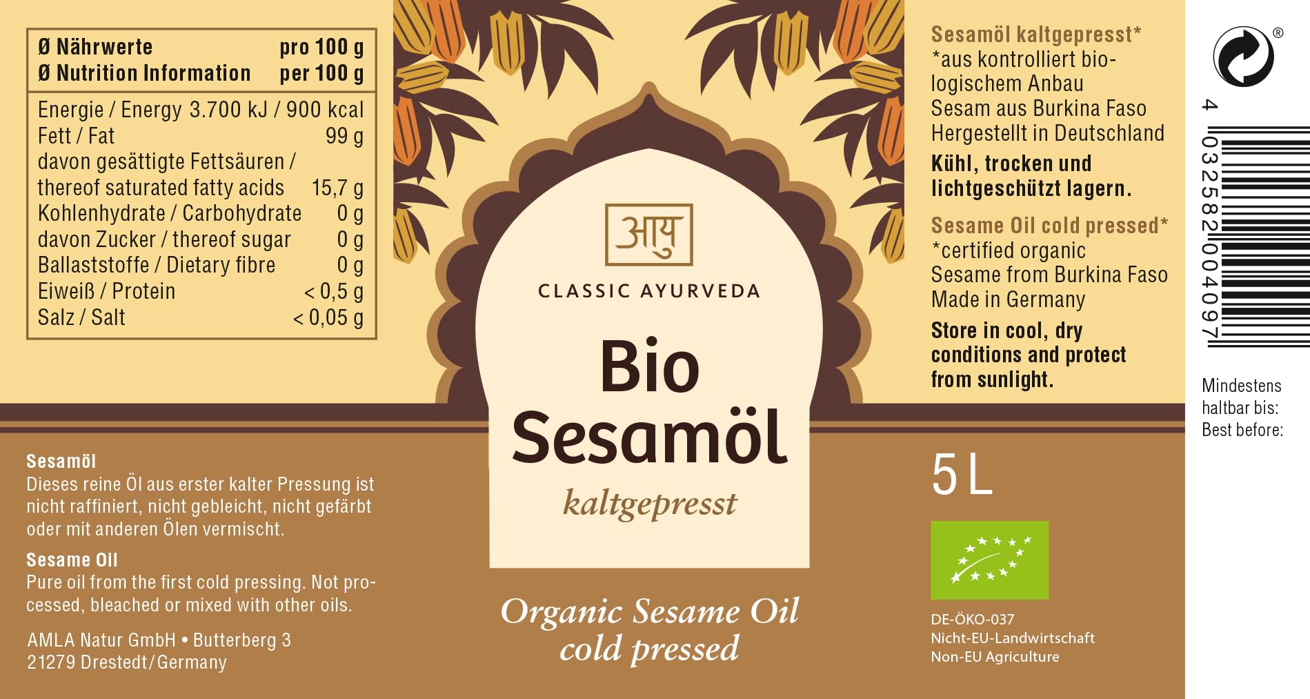 Classic Ayurveda Bio Sesamöl - 5 Liter - Kaltgepresst zum Kochen & Braten, Sesame Oil, reines Sesam Öl mit nussigem Geschmack, nicht gebleicht & nicht gefärbt