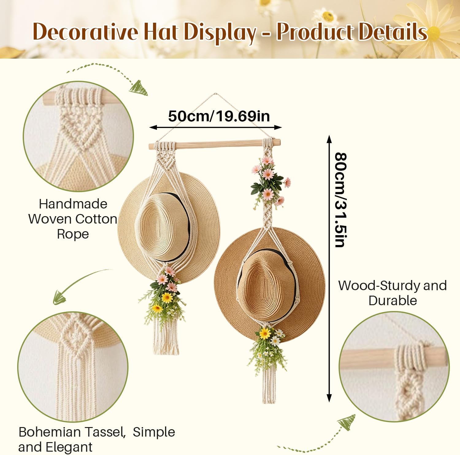 Tissting Macrame Hat Hangers, Boho Hat Rack for Wall, Hat Holder Display Organizer, Wide Brim Sun Straw Hat Cowboy Hat Display, Bobo Hanging Hat Organizer Storage for Wide Brim Hats (2 Hats Styles)