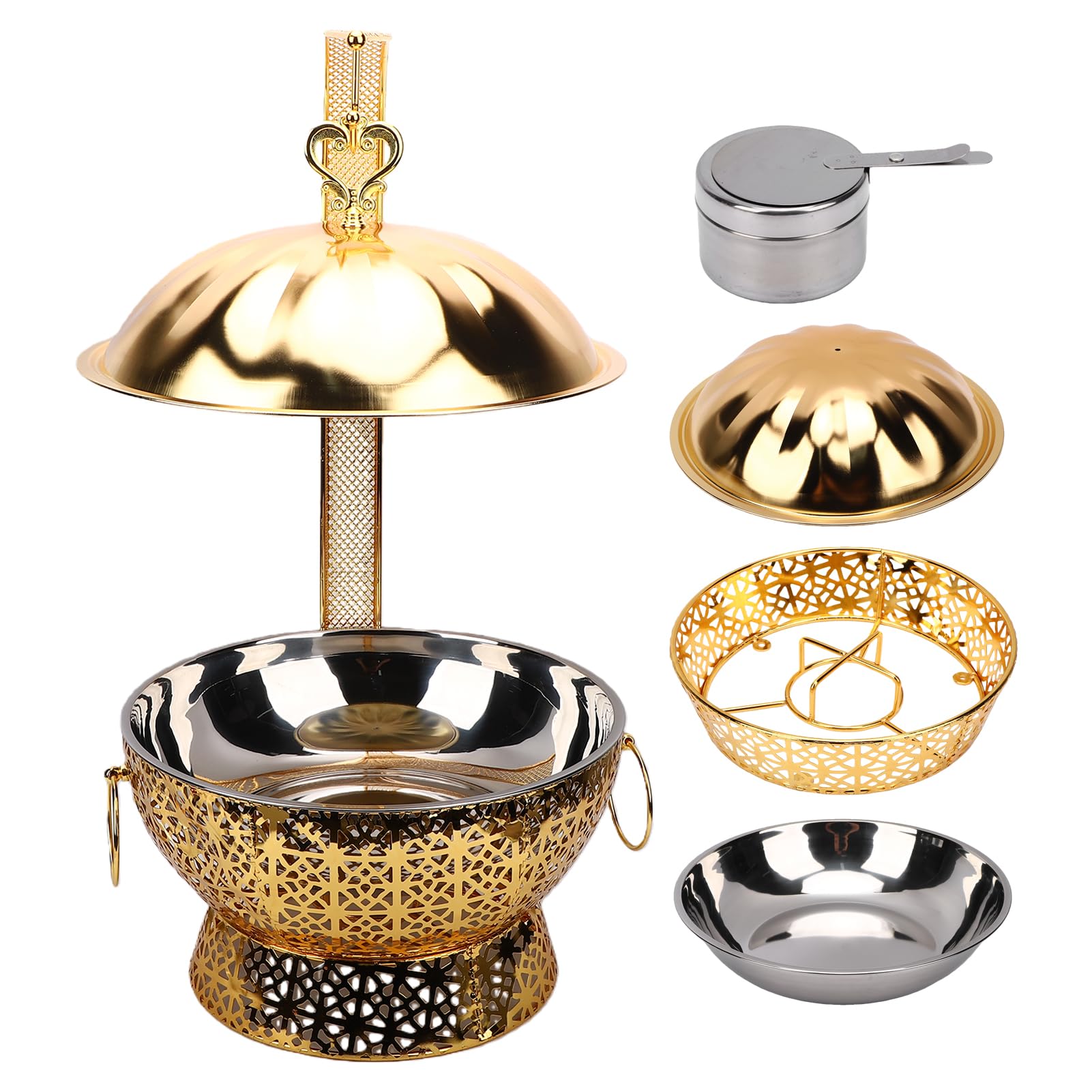 HEEPDD Chafing Dish Rotondo, Scaldavivande con Coperchio e Gancio, 8 L, in Acciaio Inox, Colore Oro, for Buffet e Catering