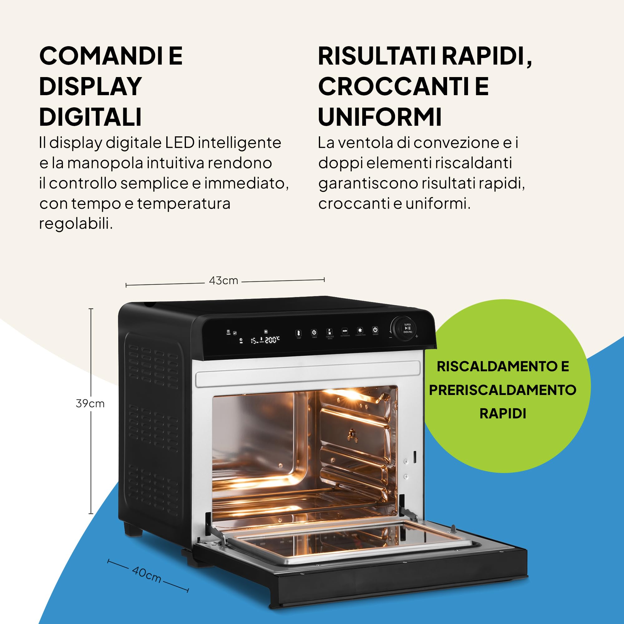 Fridja F77 Super Oven Pro 30L Forno friggitrice ad aria digitale LED premium con 18 programmi intelligenti, funzione girarrosto, potente, veloce, versatile, interno in acciaio inox, facile da pulire.