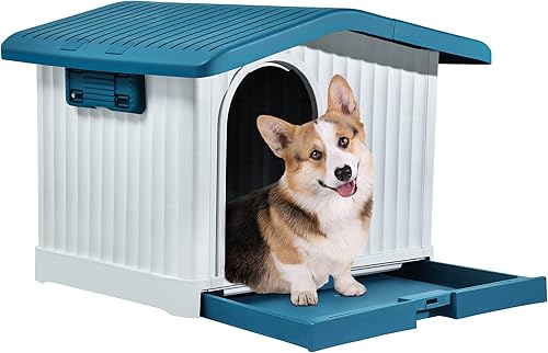 Miniatura 8 de YITAHOME Casa grande de plástico para perros con techo elevable, refugio para cachorros para interiores y exteriores, con base desmontable y ventana