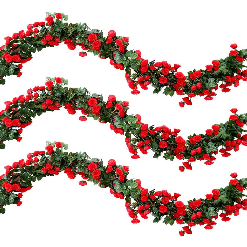 Veryhome 2Pcs 69 Heads 5.7FT Artificial Rose Vine Silk Fake Flowers Garland Plant Floral Ivy Decorations For Home Wedding Arrangement Party Garden Décor Red
