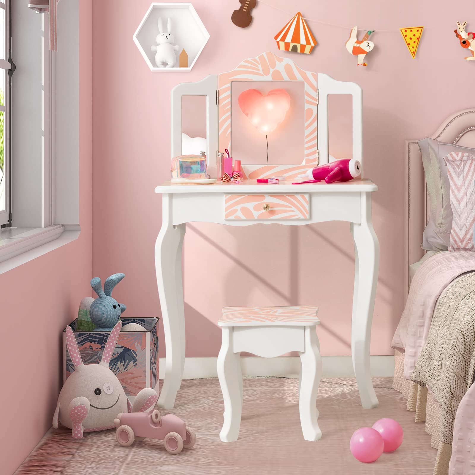 GOPLUS Tocador Infantil de Madera, Tocador de Maquillaje Princesa con Taburete y Espejo, Placa Extraíble, Mesa de Cosméticos con Cajón, 60 x 27,5 x 97,5 cm (Cebra Rosa)