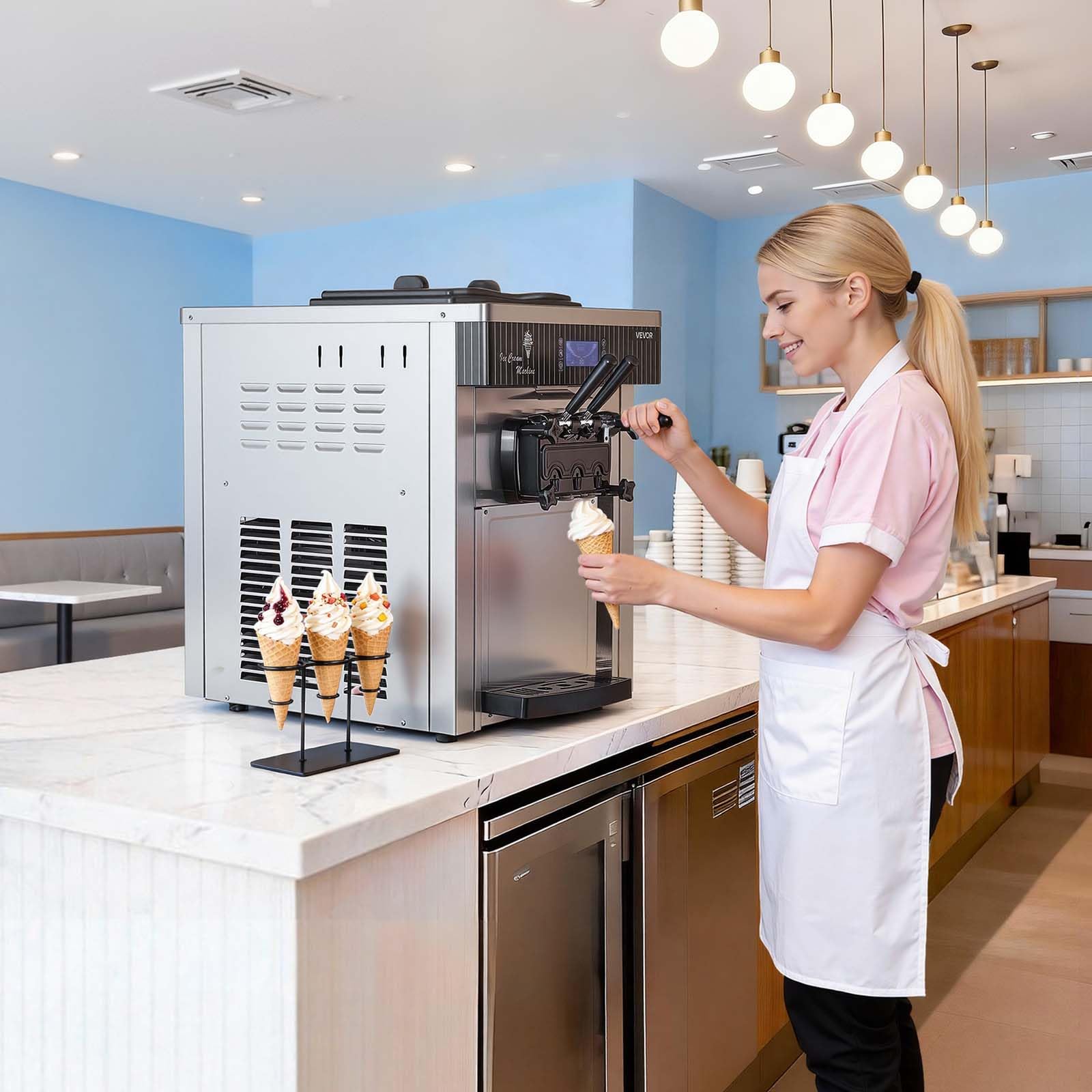 VEVOR Gewerbliche Eismaschine 20-28 L/h Leistung, Softeismaschine 2200 W lmit 2 x Behältern (6 L), Vorkühlung, Selbstreinigung und LED-Display, Tischgerät für Snackbars, Dessertläden und Cafés, Silber