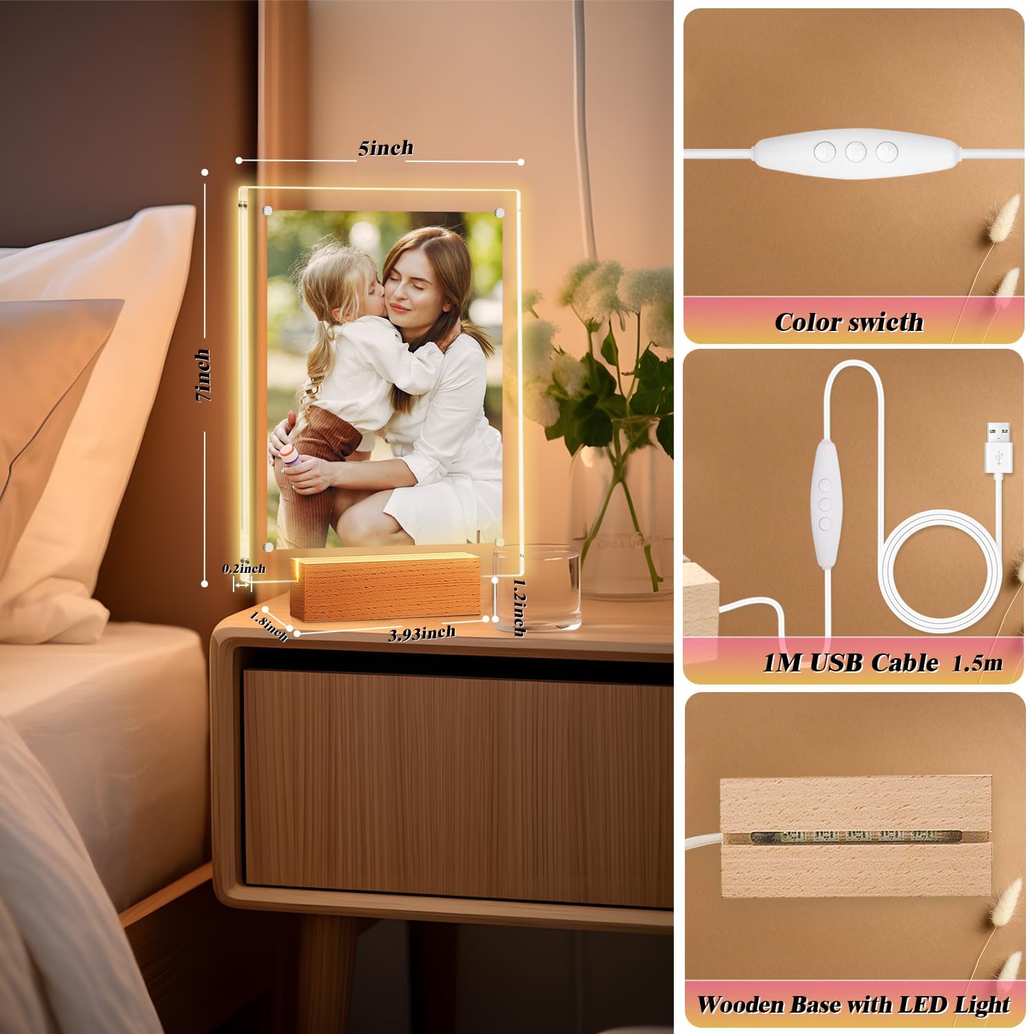 2 Pack 5x7 Acrylic Picture Frame with LED Light Wooden Base, Clear Magnetic Photo Frames, Gifts for Couple, Mom, Dad, Sister, Frineds