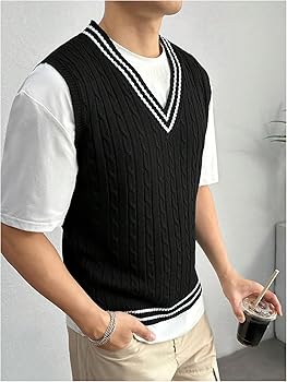 SOLY HUX Men's Striped Cable Knit Sweater Vest V Neck Sleeveless