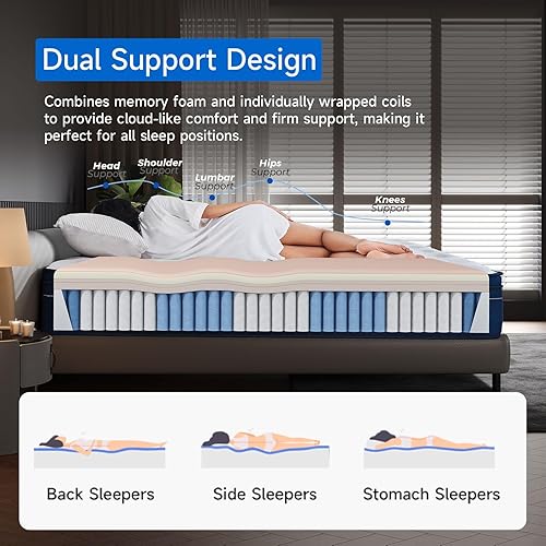 Miniatura 4 de Colchón híbrido King de 14 pulgadas en una caja con espuma viscoelástica de gel, colchones tamaño King con espuma cómoda y bobinas de bolsillo