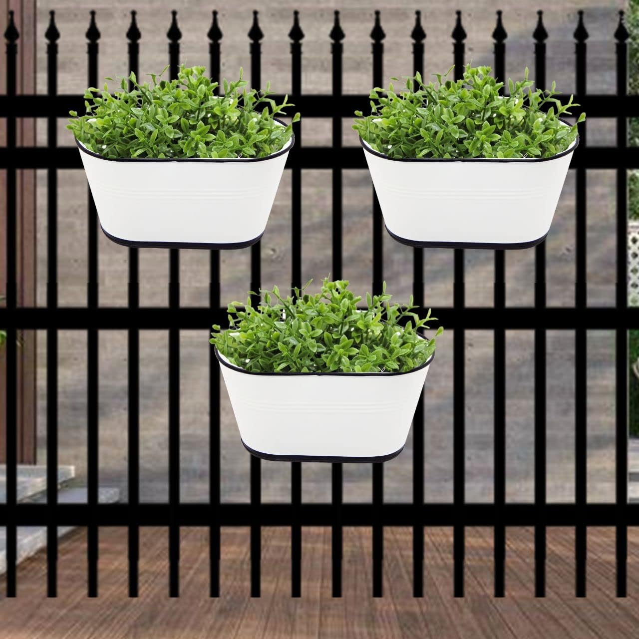ecofynd 10 inches Metal Deck Rail Planter, Balcony Railing Hanging Oval Plant Pot Box, Indoor Outdoor Home Decor Deck Flower Box, Color - White, Set of 3
