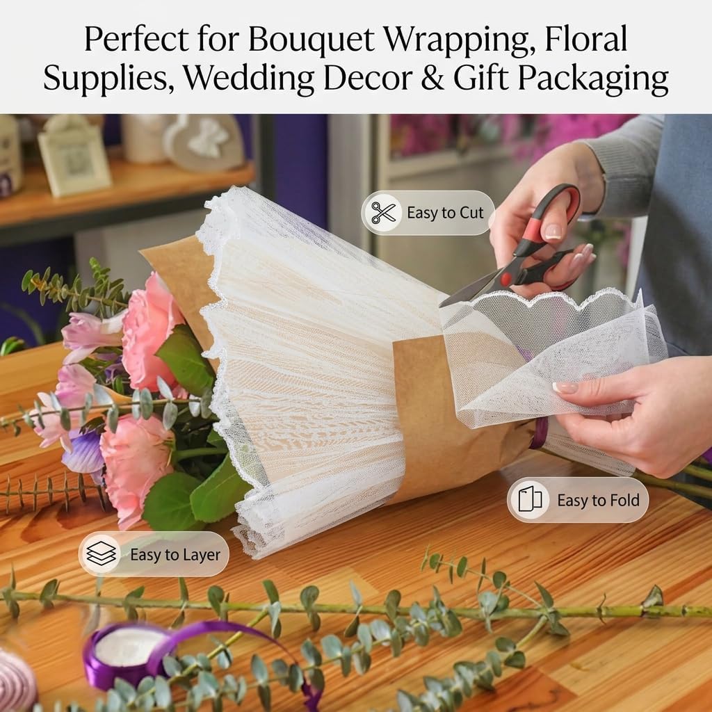 ltnklion Flower Wrapping Mesh Paper, 4.37 Yards 11 Inch Wide Wrinkled Polyester Mesh, 3mm Pearl Edge Translucent Bouquet Wrap for Florist Craft, Wedding and Party Decoration