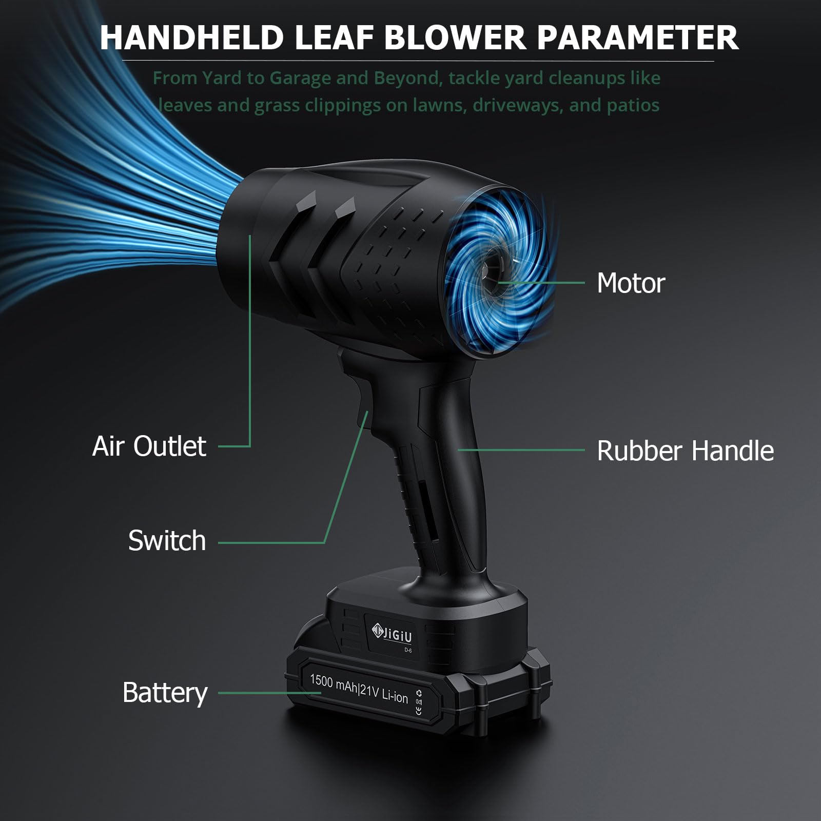 JiGiU Soplador de Hojas Inalámbrico con Batería 21V, Soplador de Aire sin Cable de 21V 26000RPM para Limpiar el Coche, el PC, el Patio y el Jardín Ligero Nieve con 2 Pilas Recargables